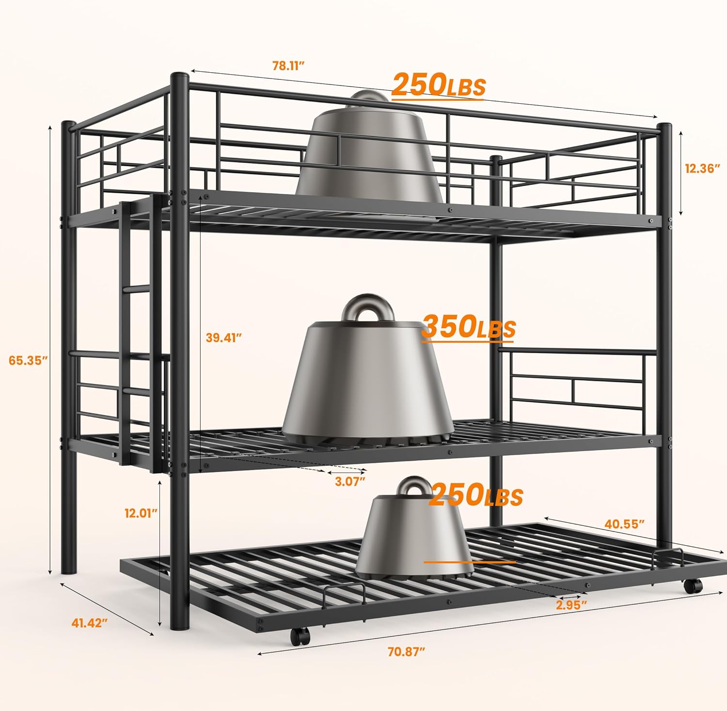 OUWI Twin Over Twin Bunk Bed with Trundle&Ladder,Sturdy Steel Bedframe w/Guardrail for Adult,Kids Bedroom,Space Saving Design,No Box Spring Needed,Black