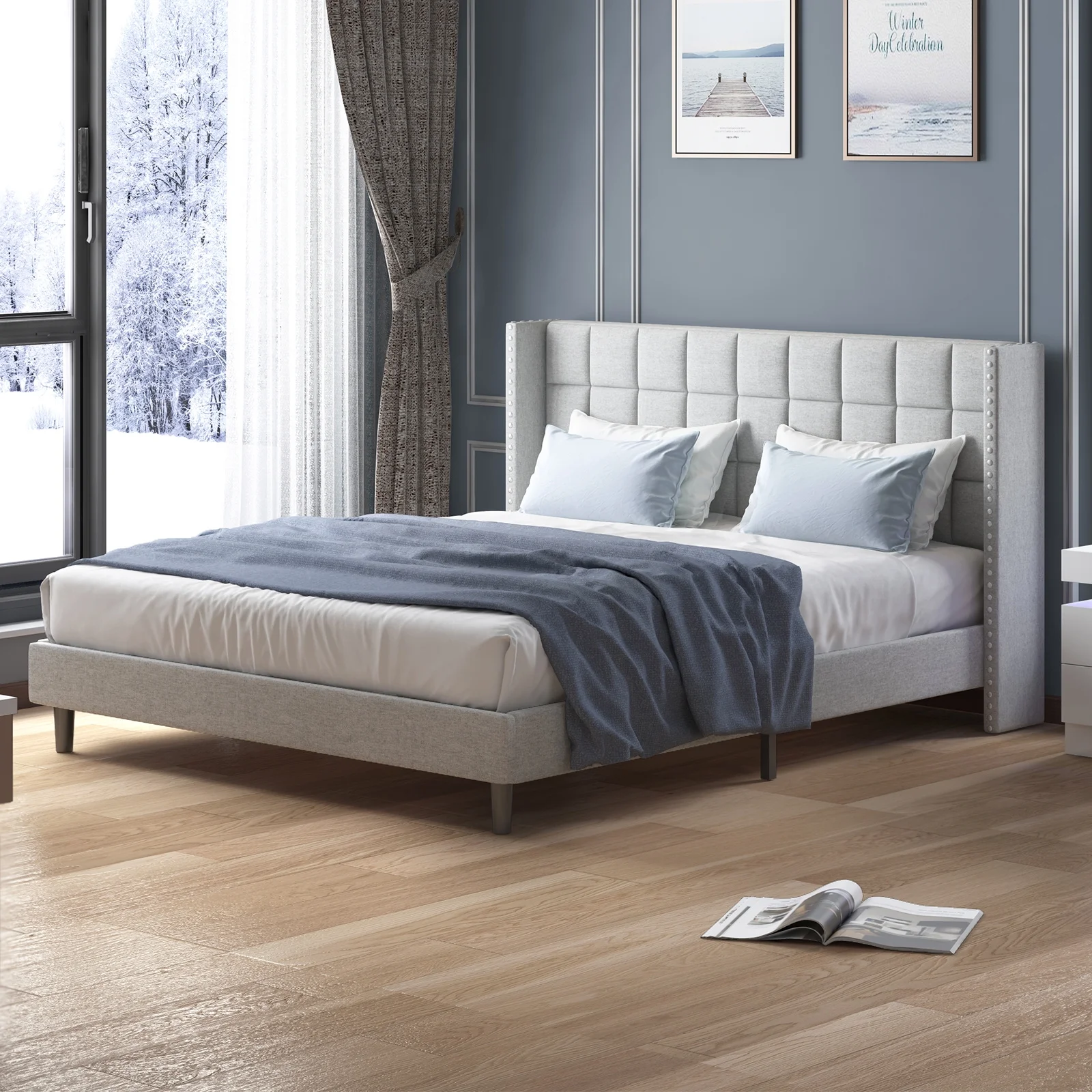 ijuicy Bed Frame with Wingback Headboard, Modern Platform Bed Frame, Velvet Bedframe Queen Size, Bedroom Furniture with Two Rows of Rivet Design(Light Grey)