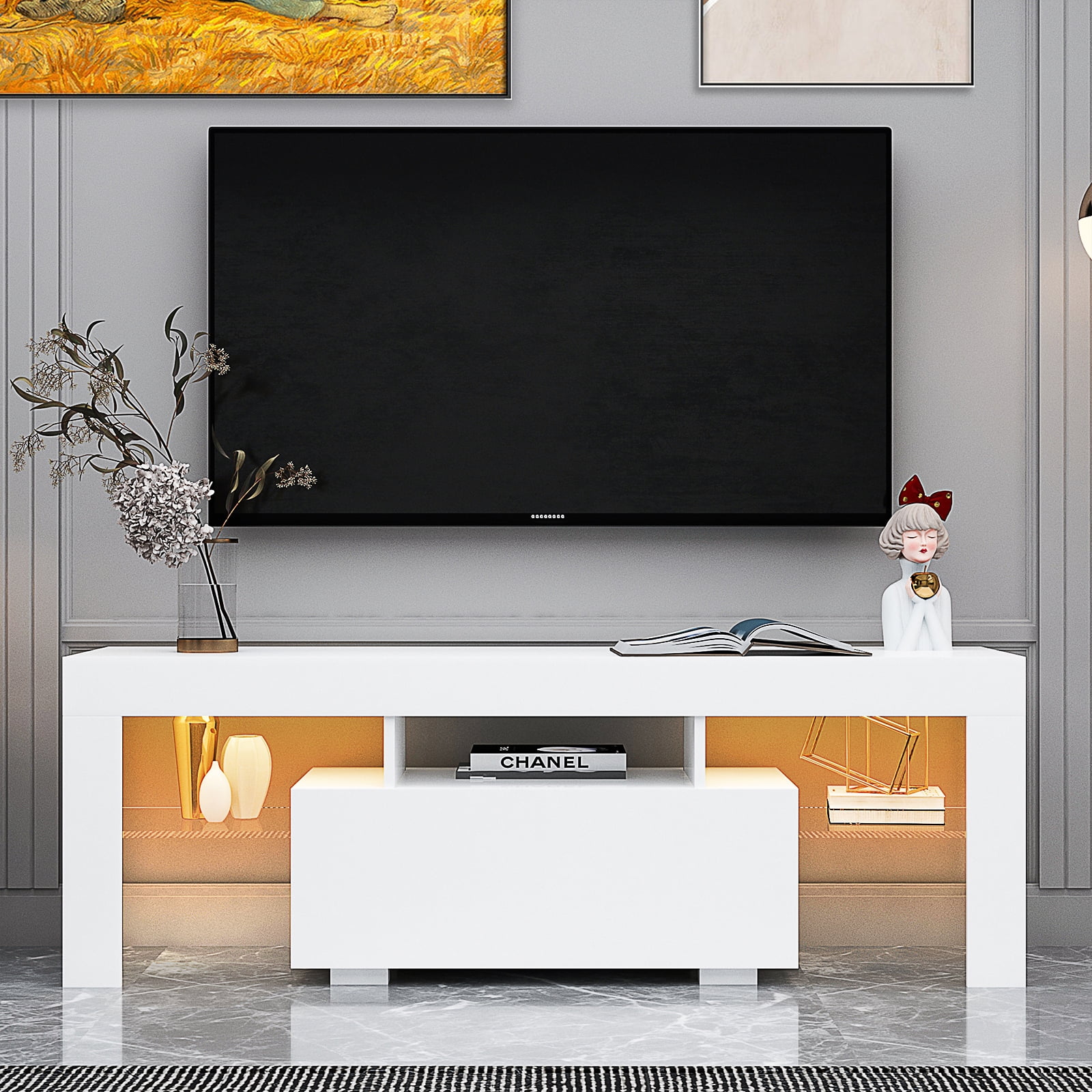 TV Stand with LED RGB Lights, Modern Entertainment Center Media Console Table Gaming TV Stand Cabinet with Drawer Glass Shelves for 55 inch TVs living Room Bed Room Furniture (White)