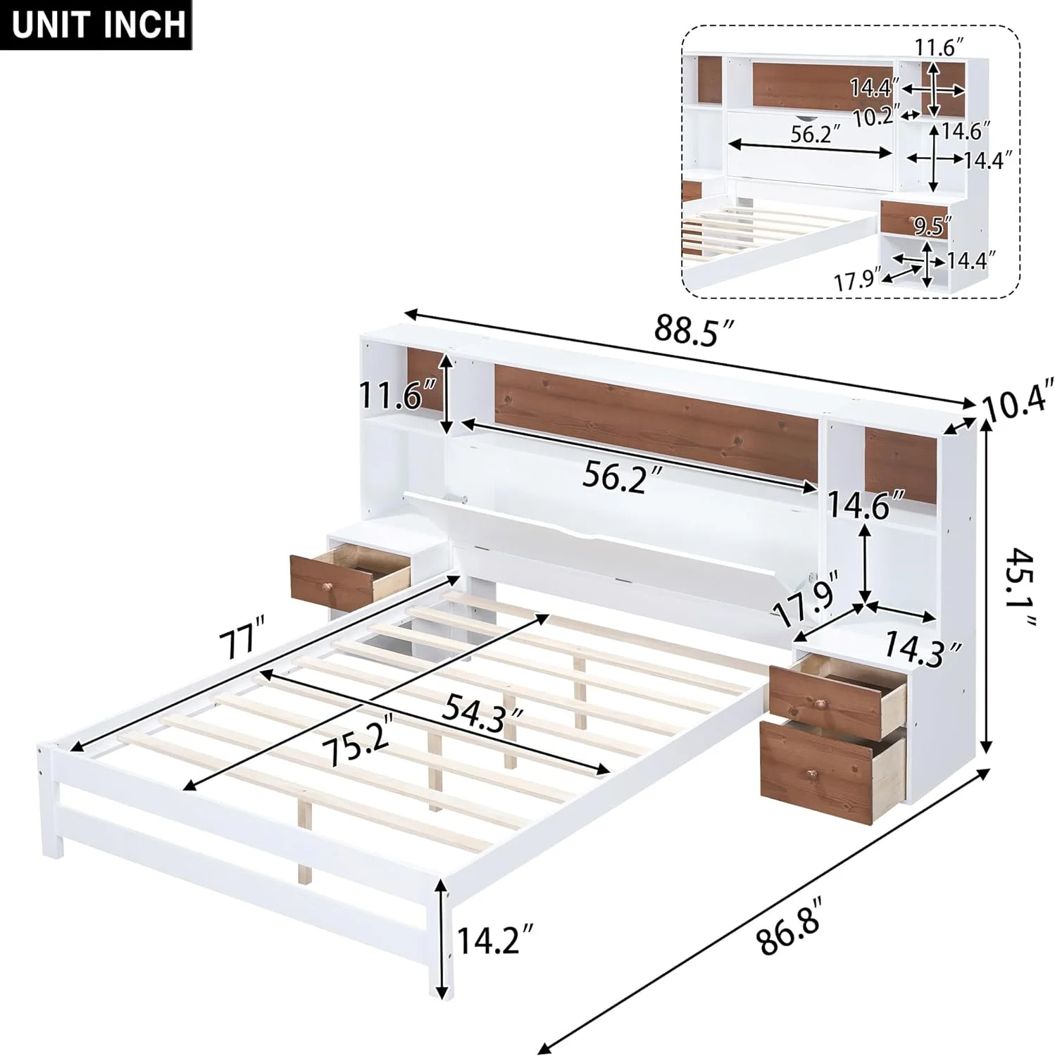 Full Size Platform Bed With Storage Headboard Ad Drawers,Full Bookcase Bed For Bedroom,Livig Room,White