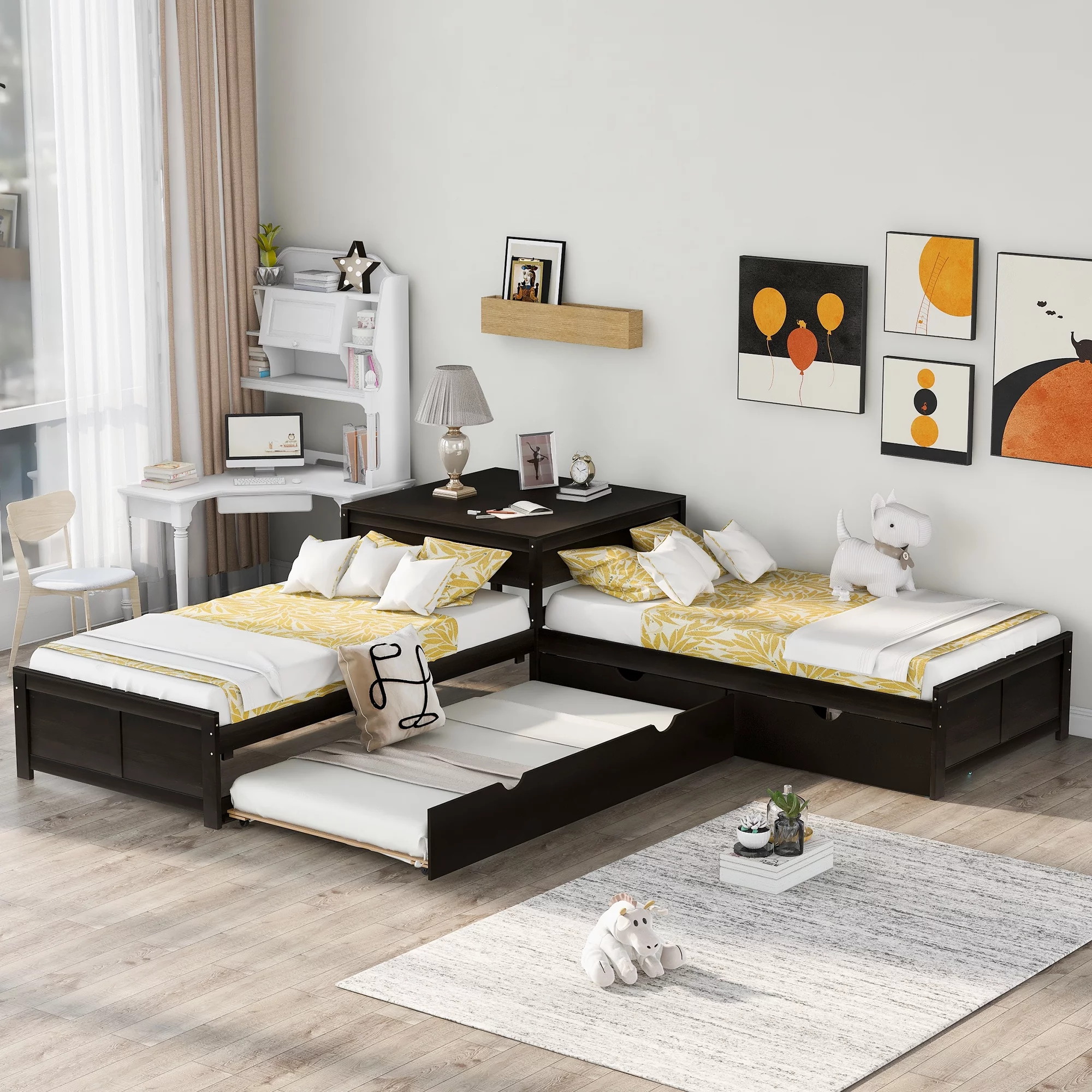 Euroco Pine Wood L-Shaped Twin Platform Bed with Trundle, 3 Beds in One for Bedroom, Trundle Bed with Drawers and Built-in Desk, Espresso