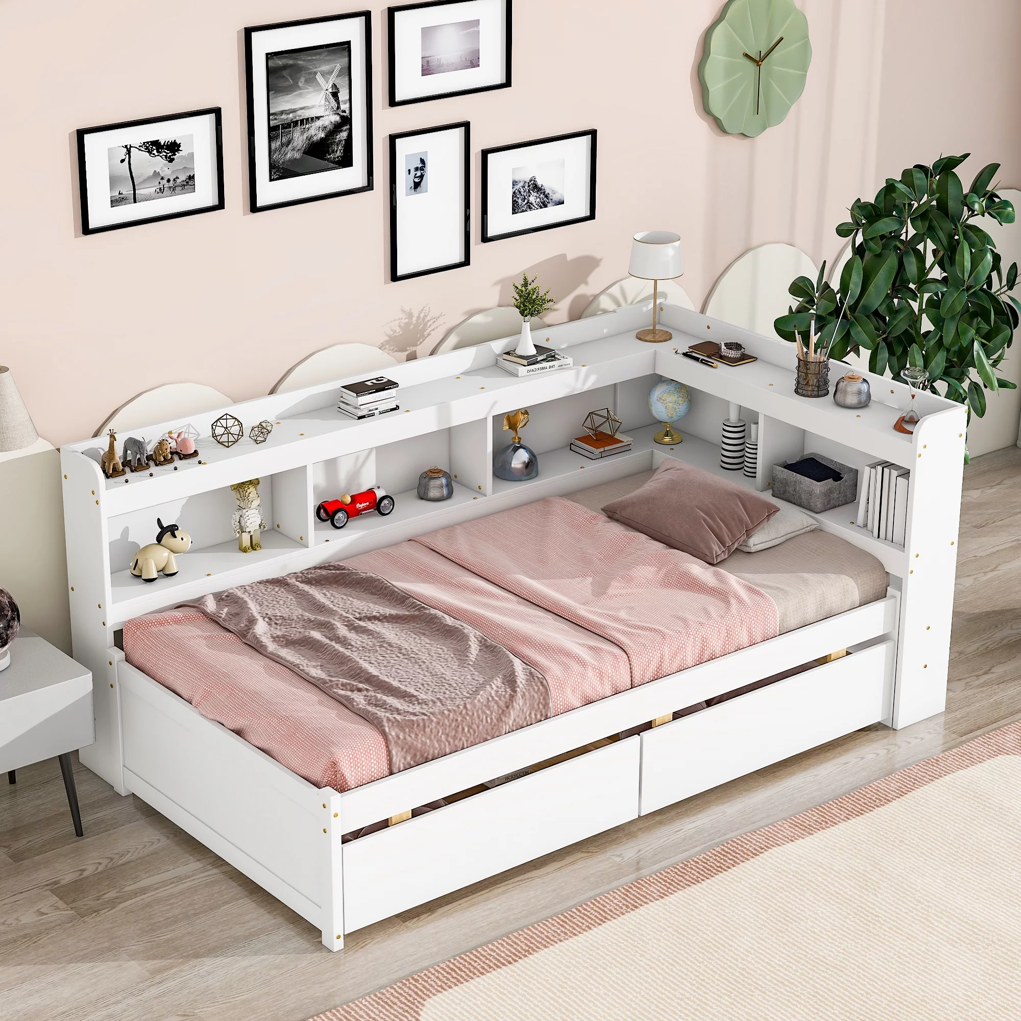 Paproos Twin Bed with Storage, New Upgraded Wood Platform Bed with L-shaped Bookcases and 2 Drawers, Space Saving, Twin Size Captain Bed Frame for Kids Teens Adults, No Box Spring Needed, White