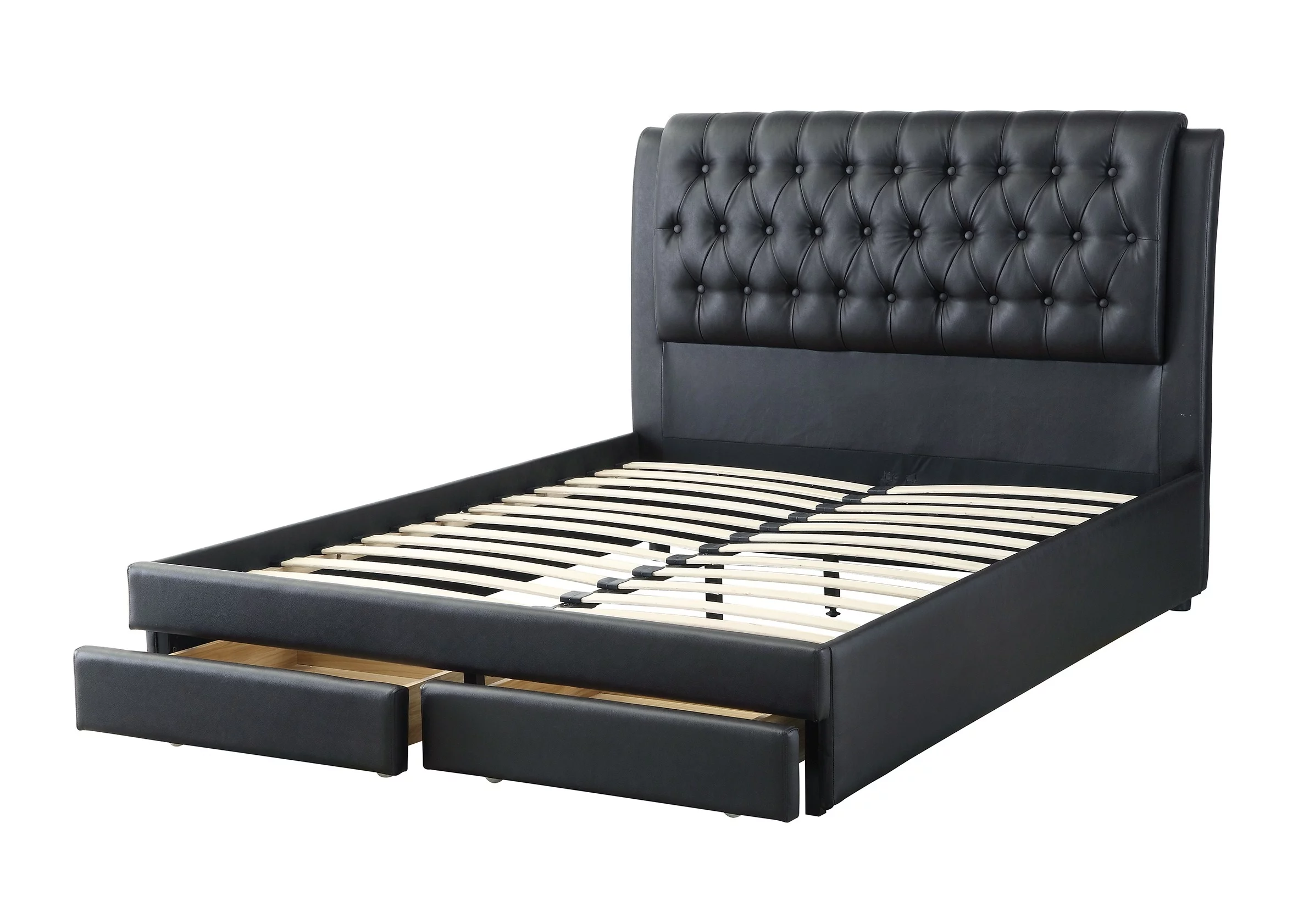 Stylish Modern Black Faux Leather Queen Size Bed 1pc Bedframe Master Bedroom Furniture Storage Footboard Tufted Headboard