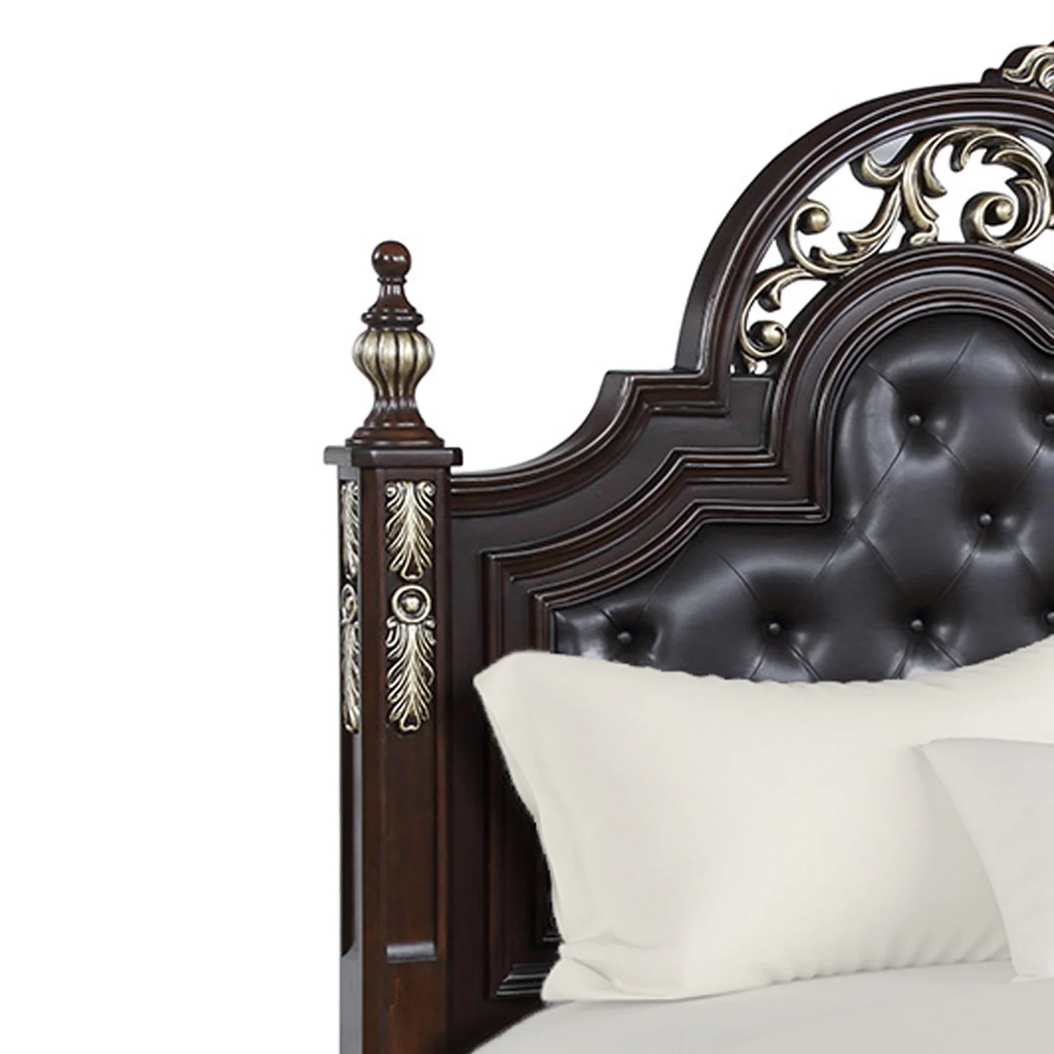 Benjara BM219491 Leatherette & Wood Queen Headboard with Carving & Mirror Inlay, Brown