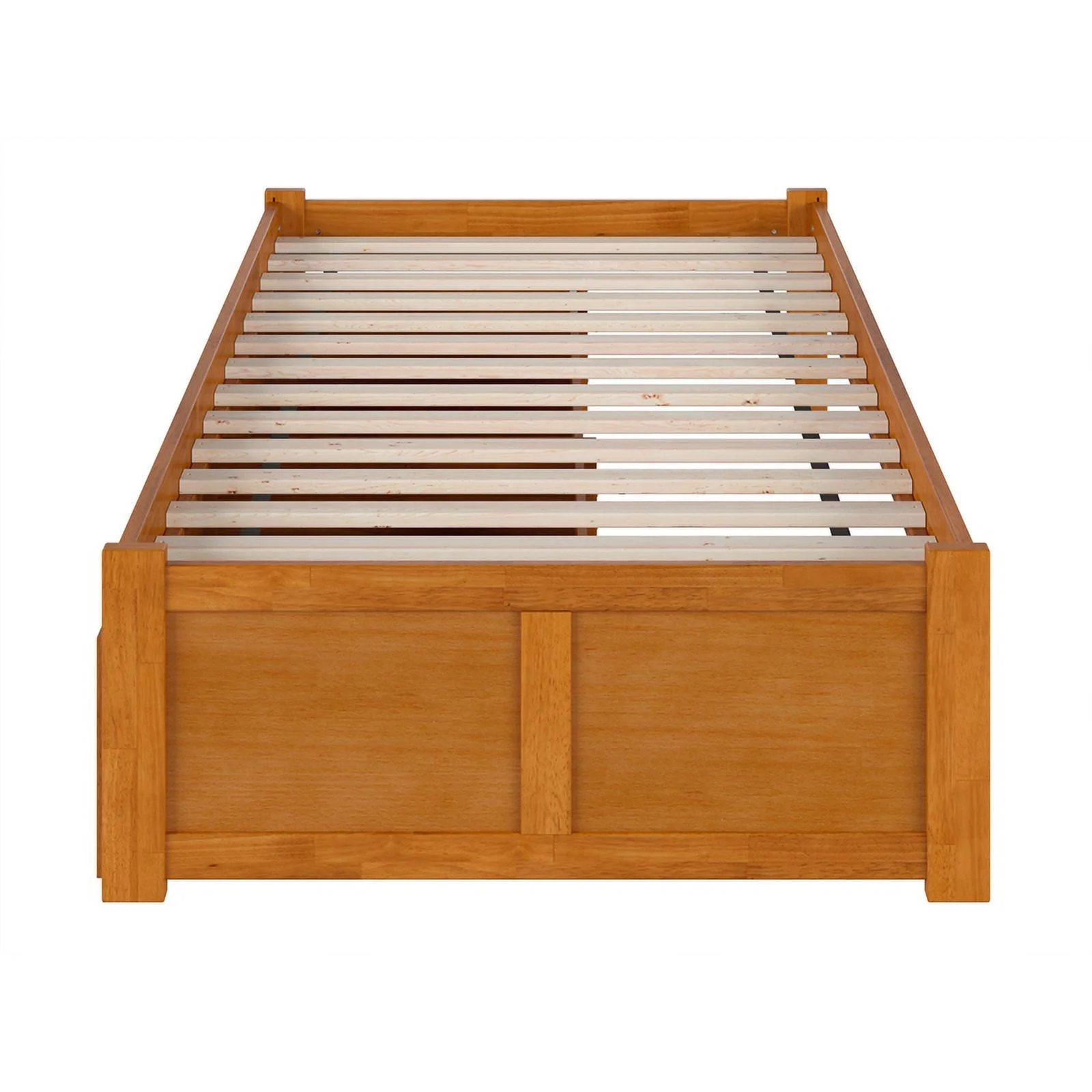 Concord Twin XL Wood Platform Bed with Footboard and Drawers in Light Toffee