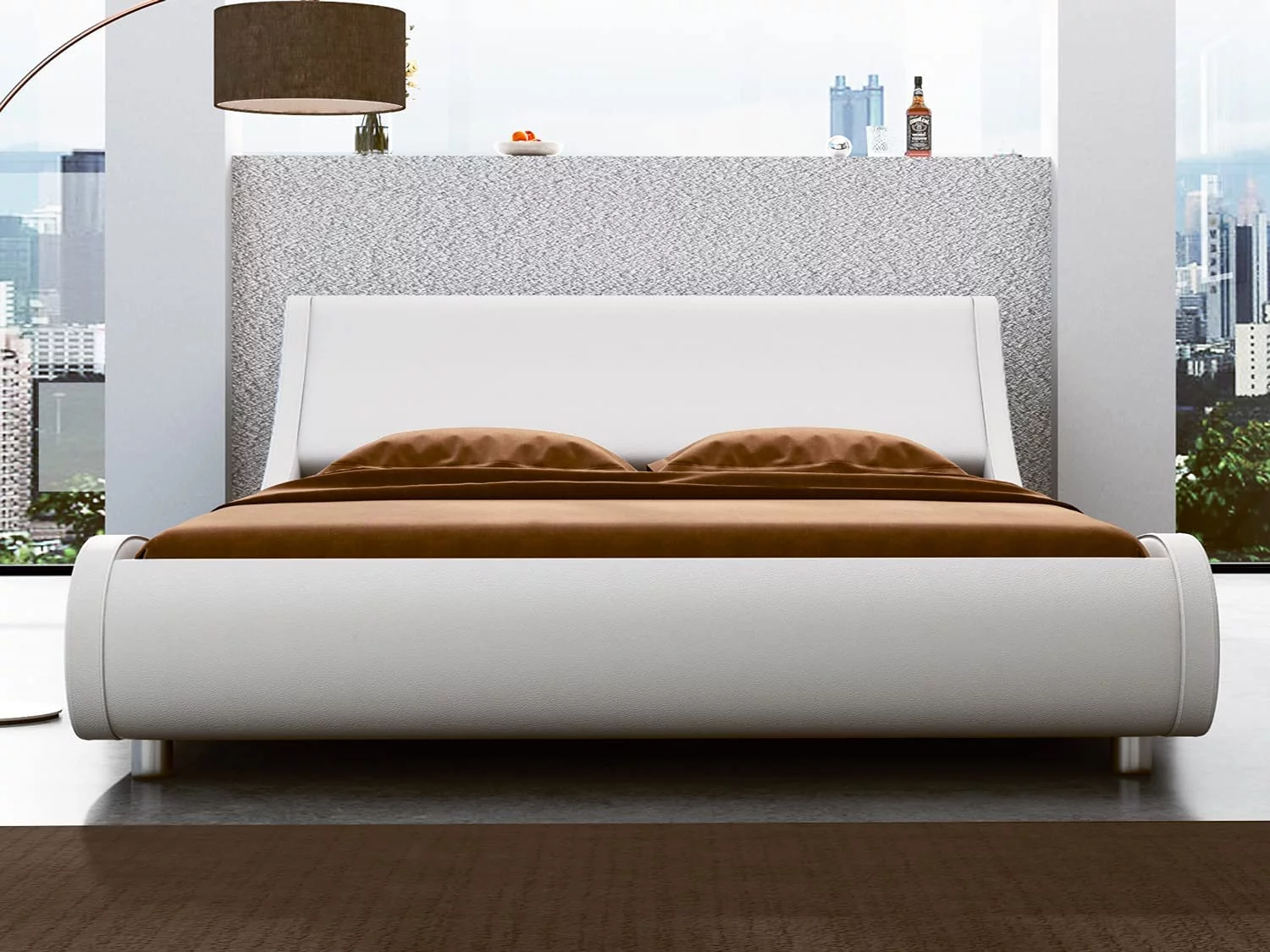 Sha Cerlin White King Platform Bed, Leather Bed Frame with Adjustable Headboard, Adults
