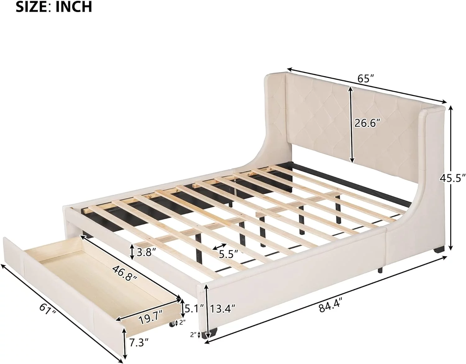 Queen Size Bed Frame With Storage Drawers, Queen Velvet Upholstered Platform Bed With Wingback Headboard/Strong Wooden Slats/Easy Assembly/Beige
