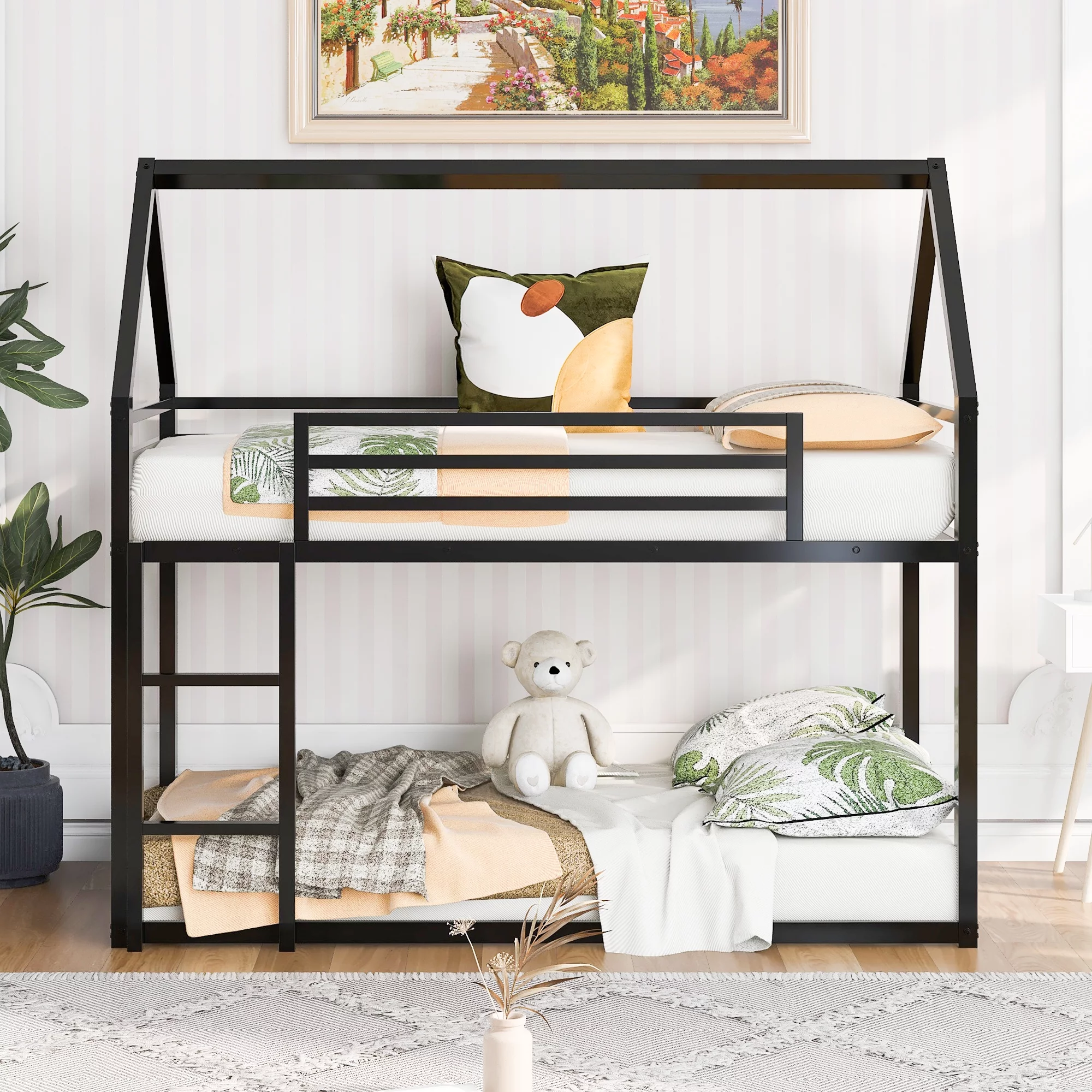 Twin House Bunk Bed with Slide and Secure Ladder Whimsical Bunk Bed- Space-Saving and Fun, Black