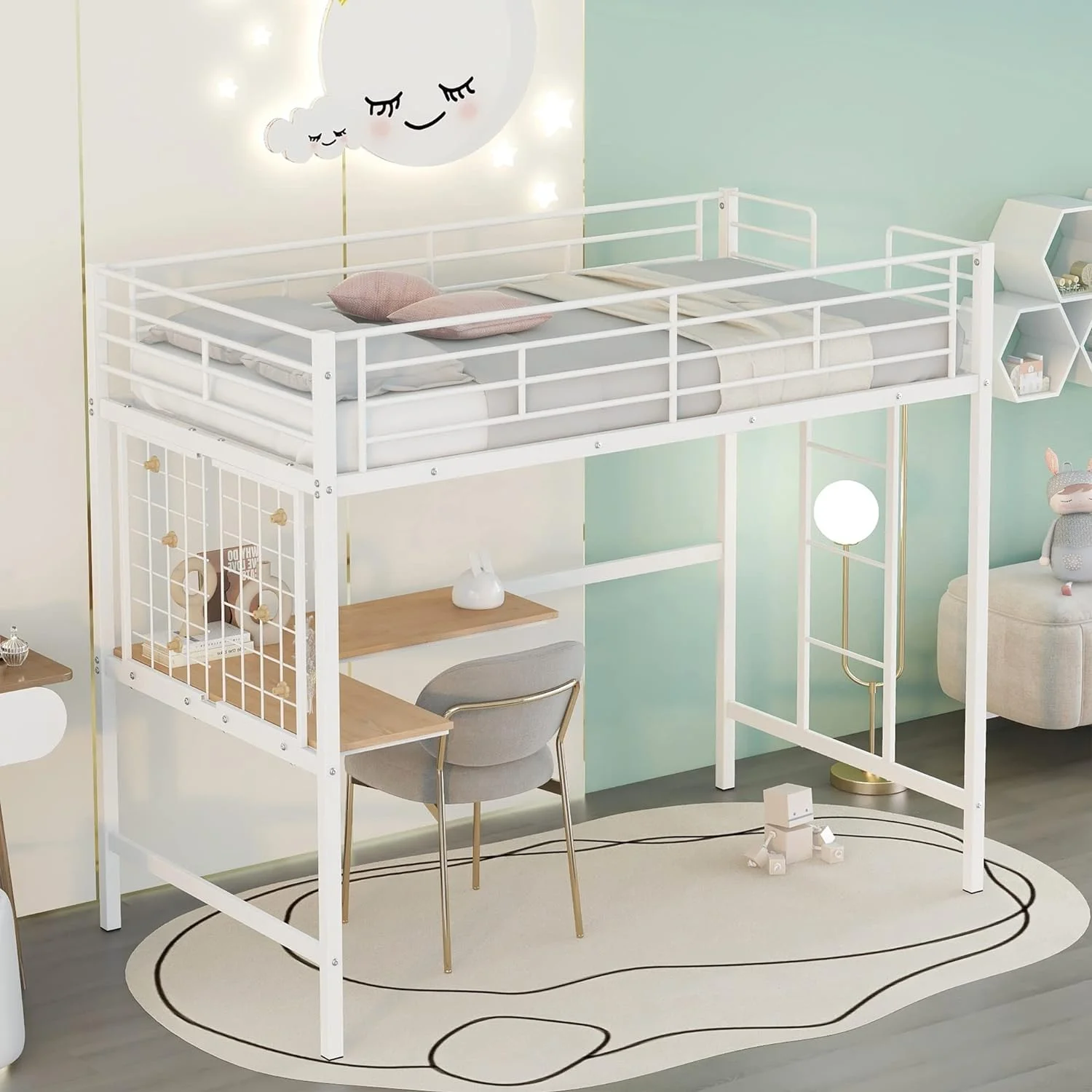 Metal Loft Bed With Desk And Metal Grid, Industrial Style Steel High Over Loft Bed Frame For Kids