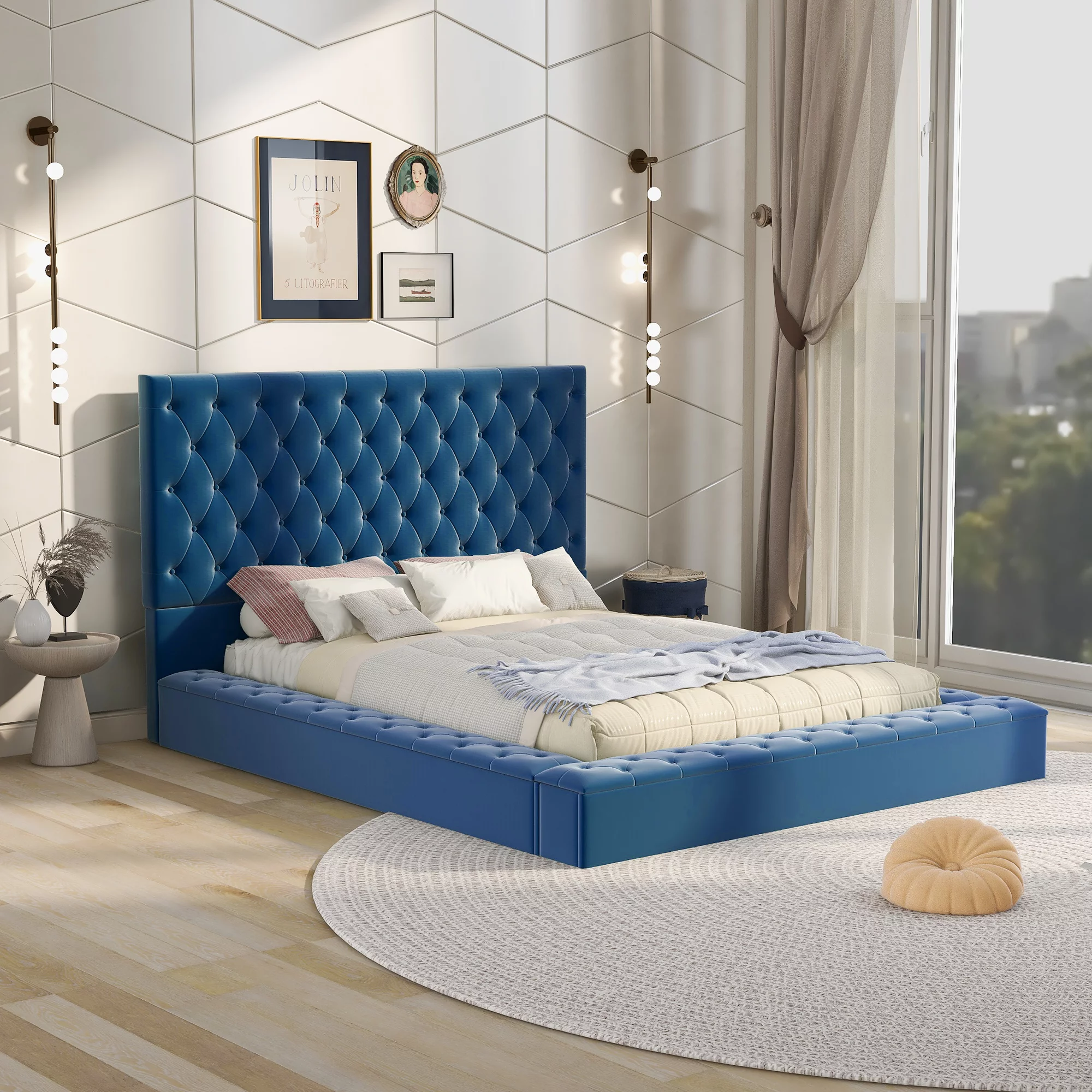 LANTRO JS Full Size Upholstery Low Profile Storage Platform Bed with Storage Space on both Sides and Footboard,Blue