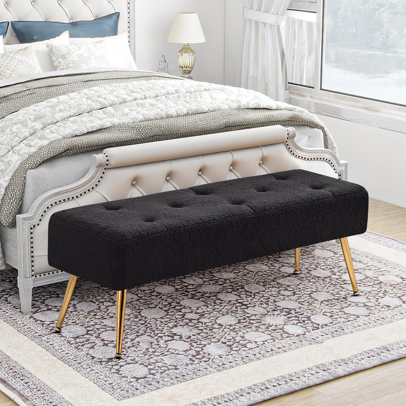 Furniliving Modern Entryway Bench Shoe Ottoman Bench Upholstered Bedroom Bench , Black