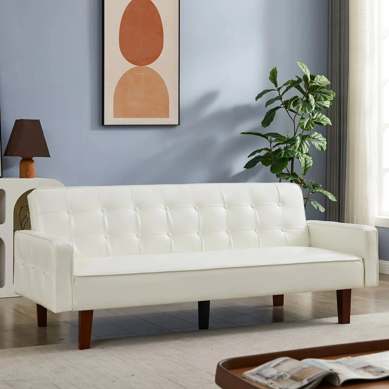 PU Futon Sofa Couch for Living Room Convertible Faux Leather Upholstered Futon Sleeper Sofa Bed Channel Tufted Bedroom Futons Brown