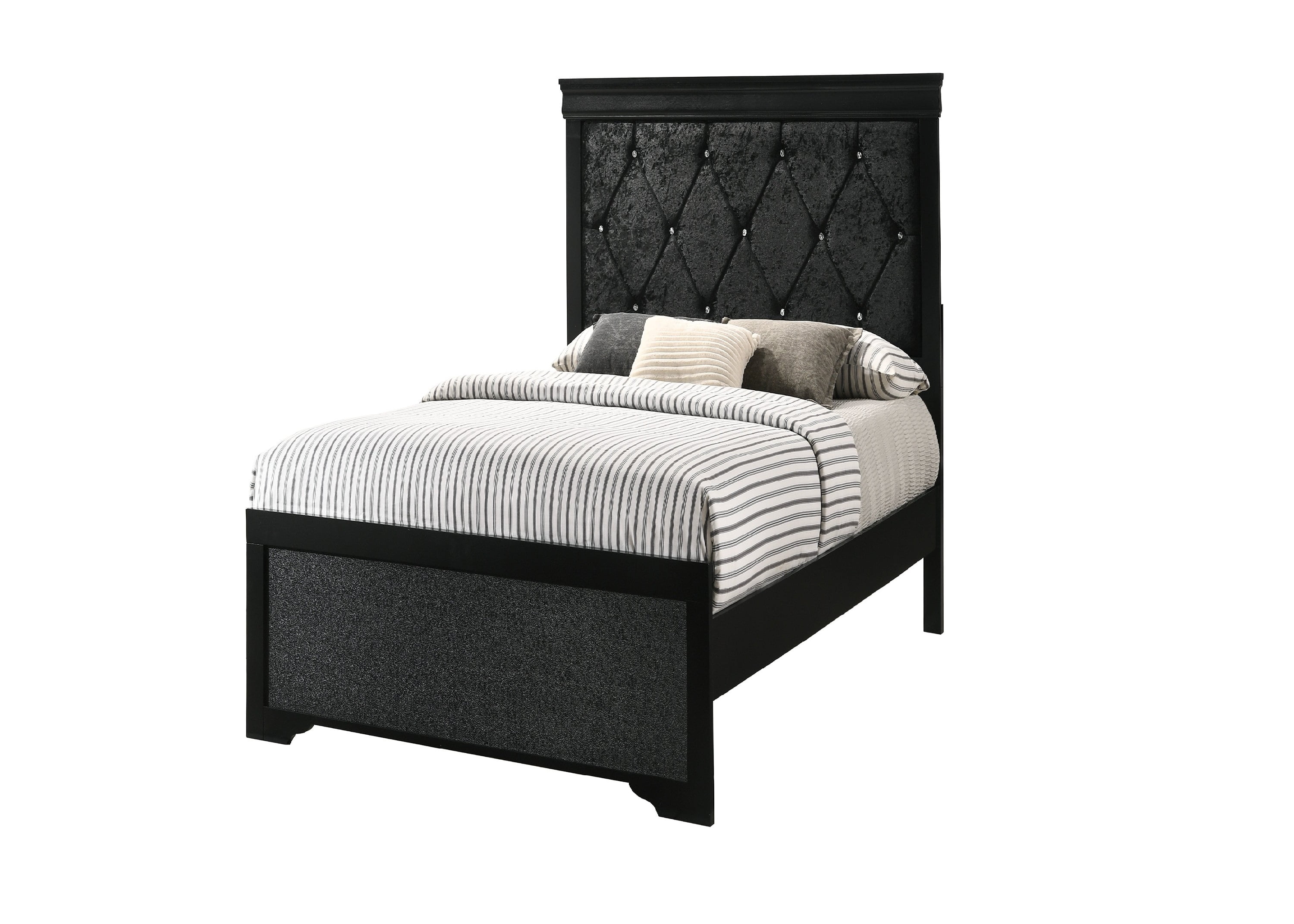 3Pc Black Finish Twin Size Panel Upholstered Button Tufted Headboard Bed Nightstand Set Wooden Bedroom Furniture