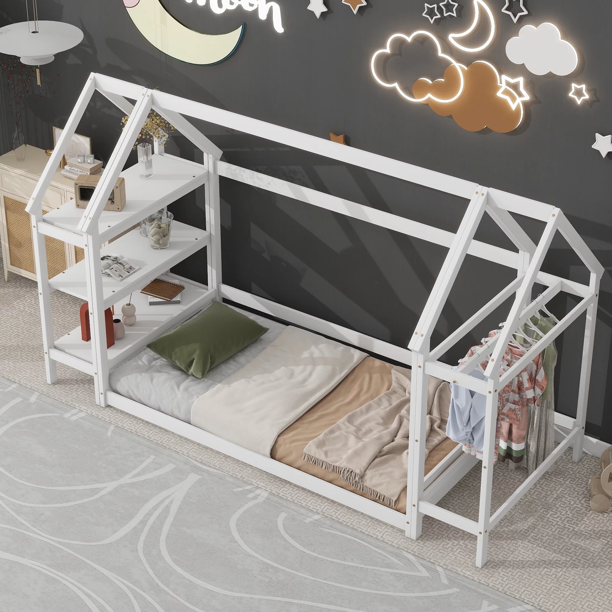 Momspeace Twin Size House-Shaped Floor Bed for Children with 2 Detachable Stands, Solid Wood, White