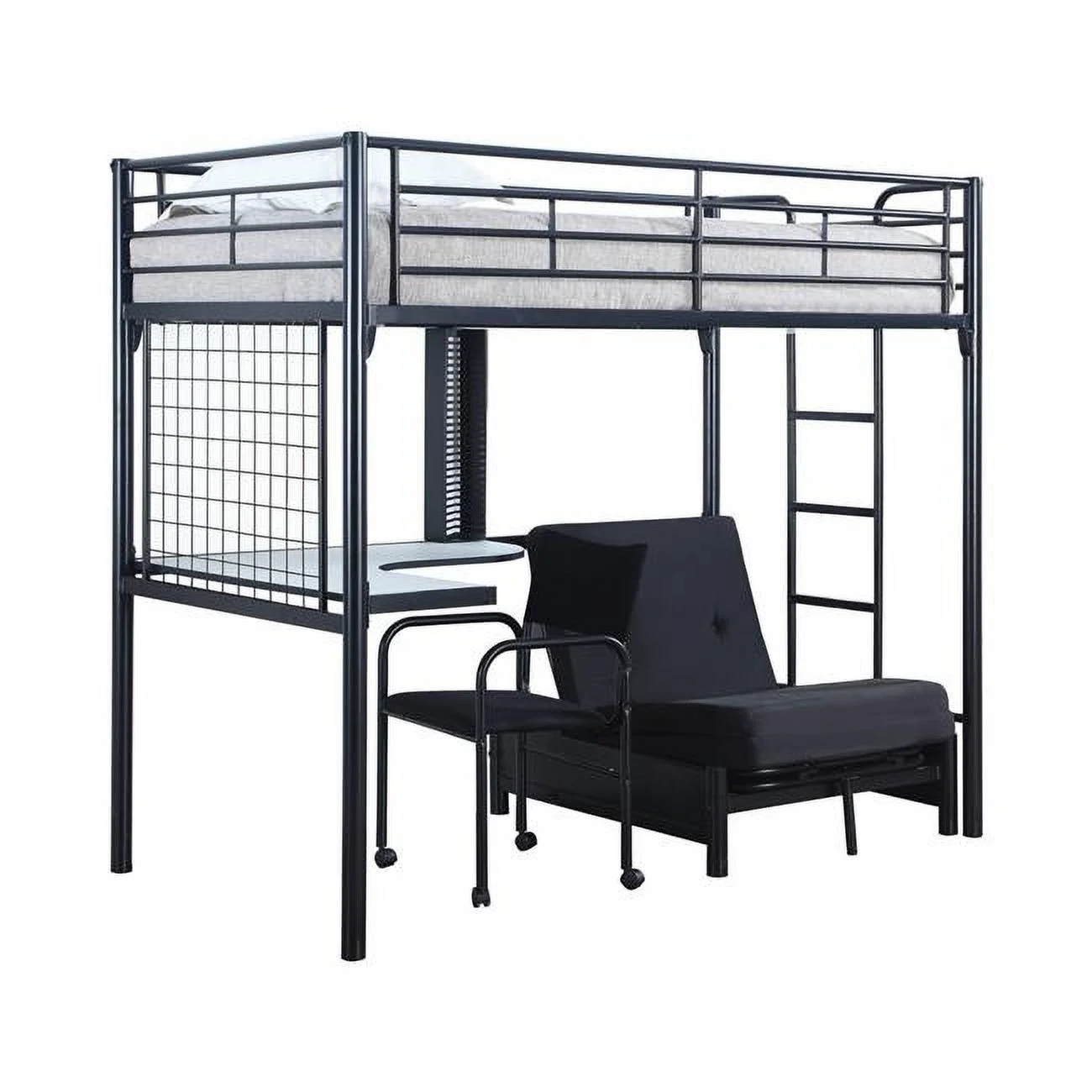 Futon Frame Metal Twin Size Loft Bed with Workstation& Desk Chair, Black & White