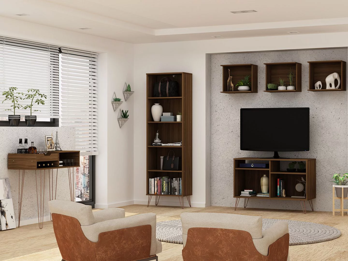 Manhattan Comfort Rockefeller 6-Piece TV Stand Living Room Set with Bookcase and Console in Brown