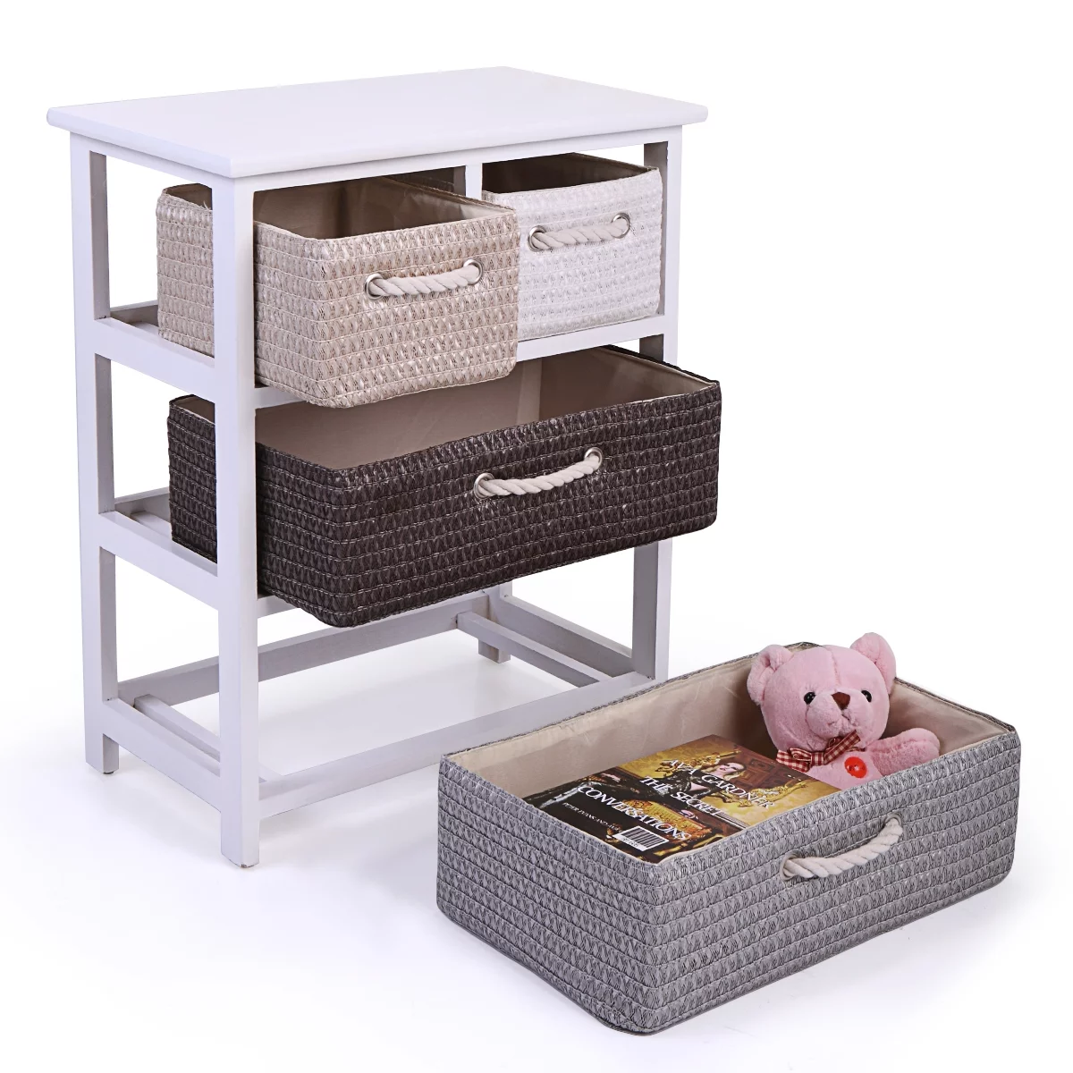 4-Drawer Storage Unit with Woven Baskets, Drawer Dresser Chest, Sturdy Wood Frame, Storage Tower for Home Bedroom Living Room, Modern White