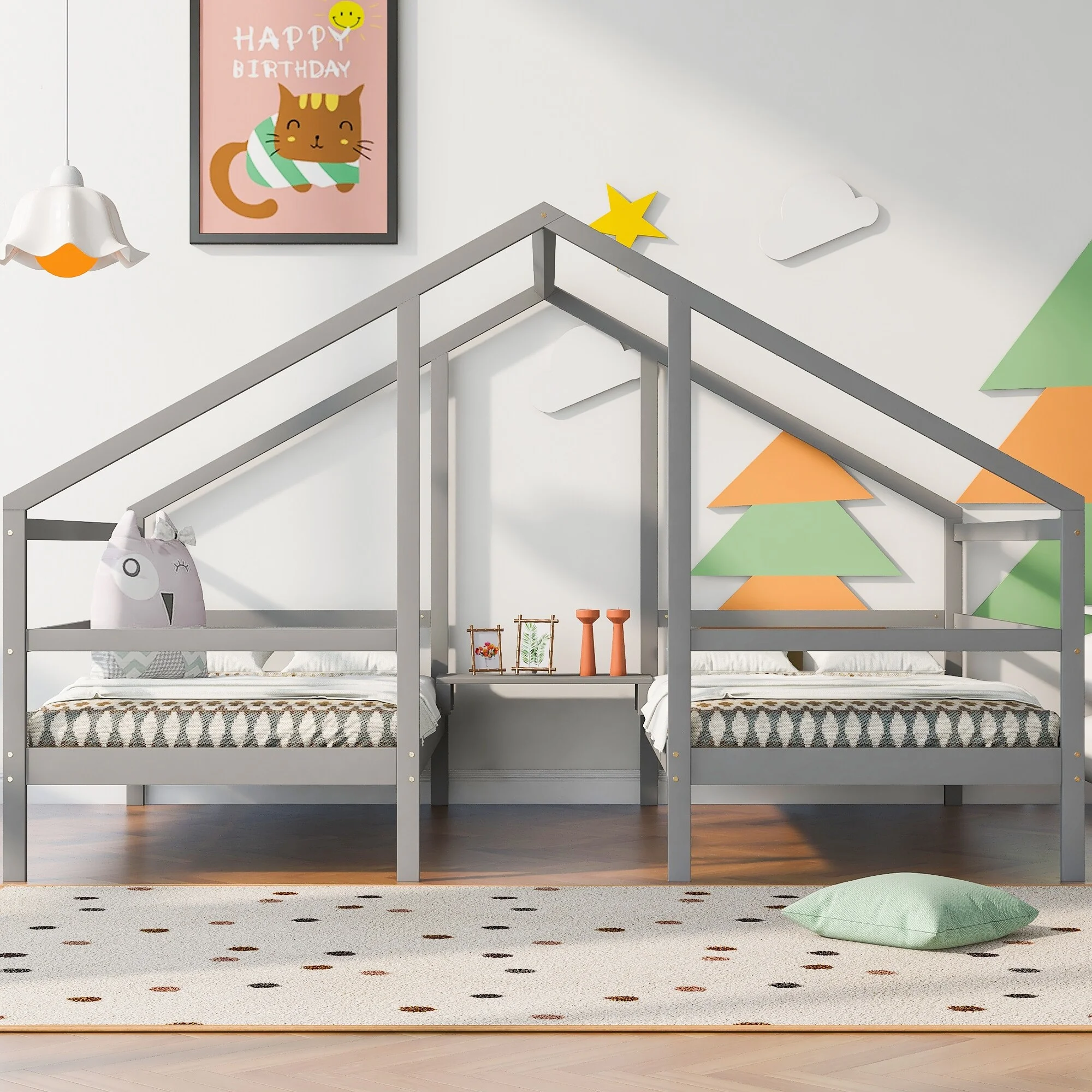 Nestfair Twin Size Double Triangular House Beds with Built-in Table Grey