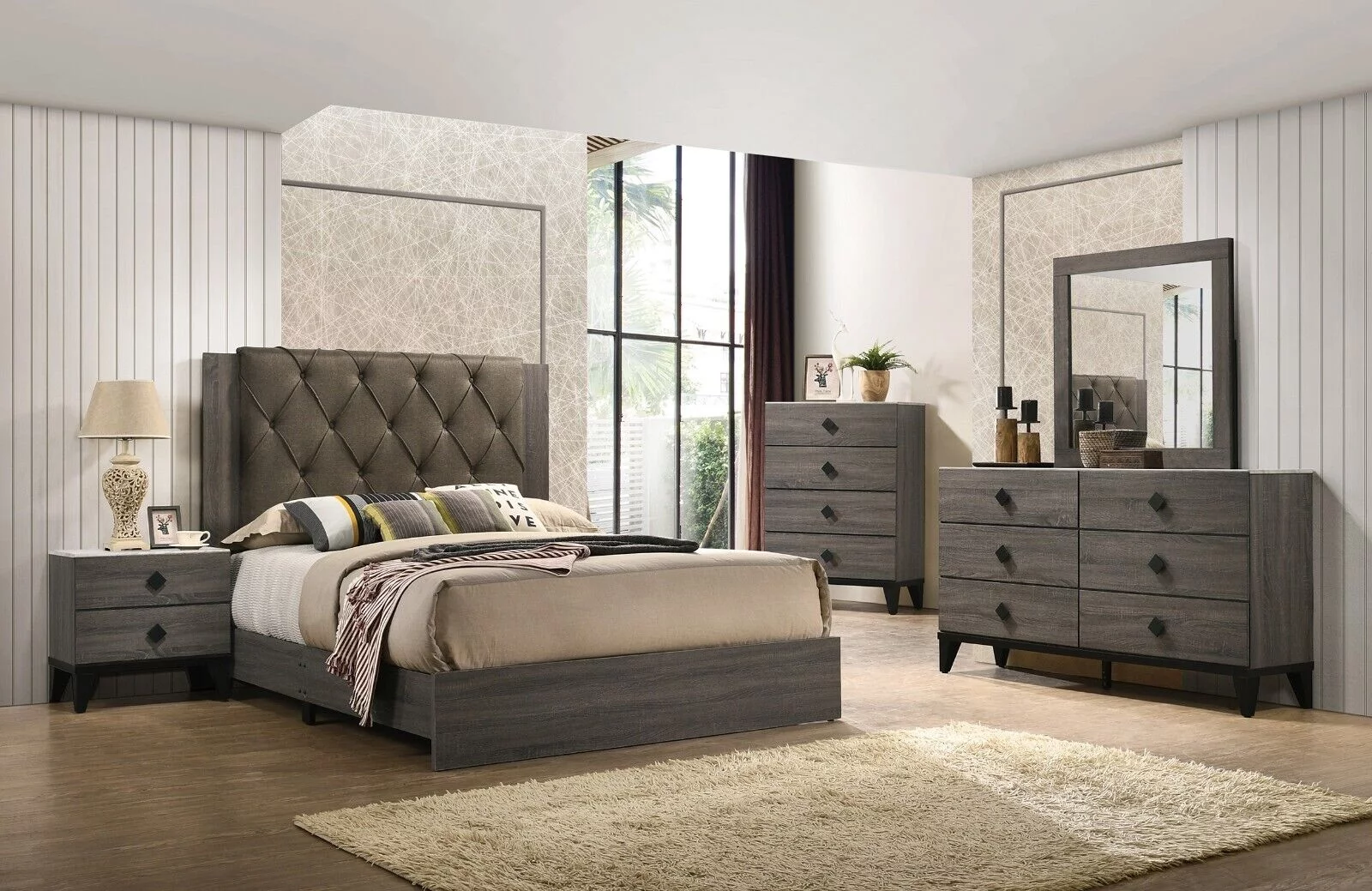 6pc Bedroom Eastern King Size Bed Set Transitional Style Dresser Mirror Nightstands Chest Wooden Furniture Grey Color