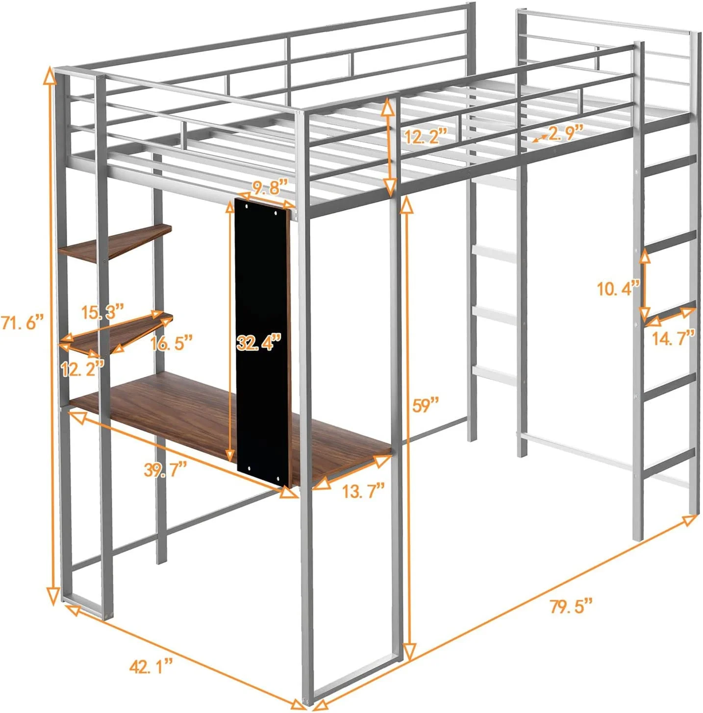 Metal Loft Bed Studio Loft Bunk Bed Over Desk And Bookcase With 2 Ladders, Loft Bed For Dorm,Boys And Girls Teens Kids, Silver