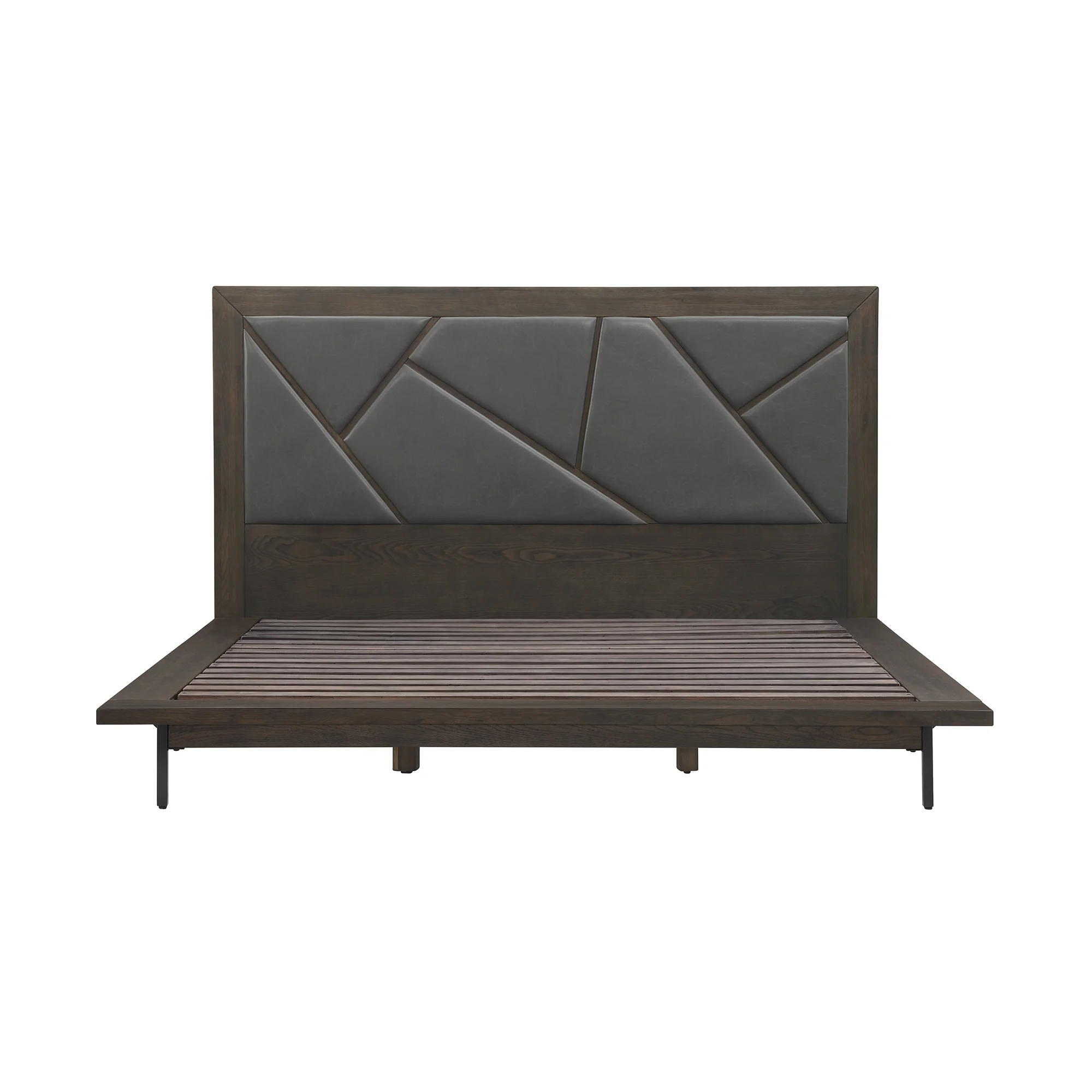 Marquis 3 Piece King Size Platform Bed Frame Bedroom Set in Oak Wood with Faux Leather Headboard