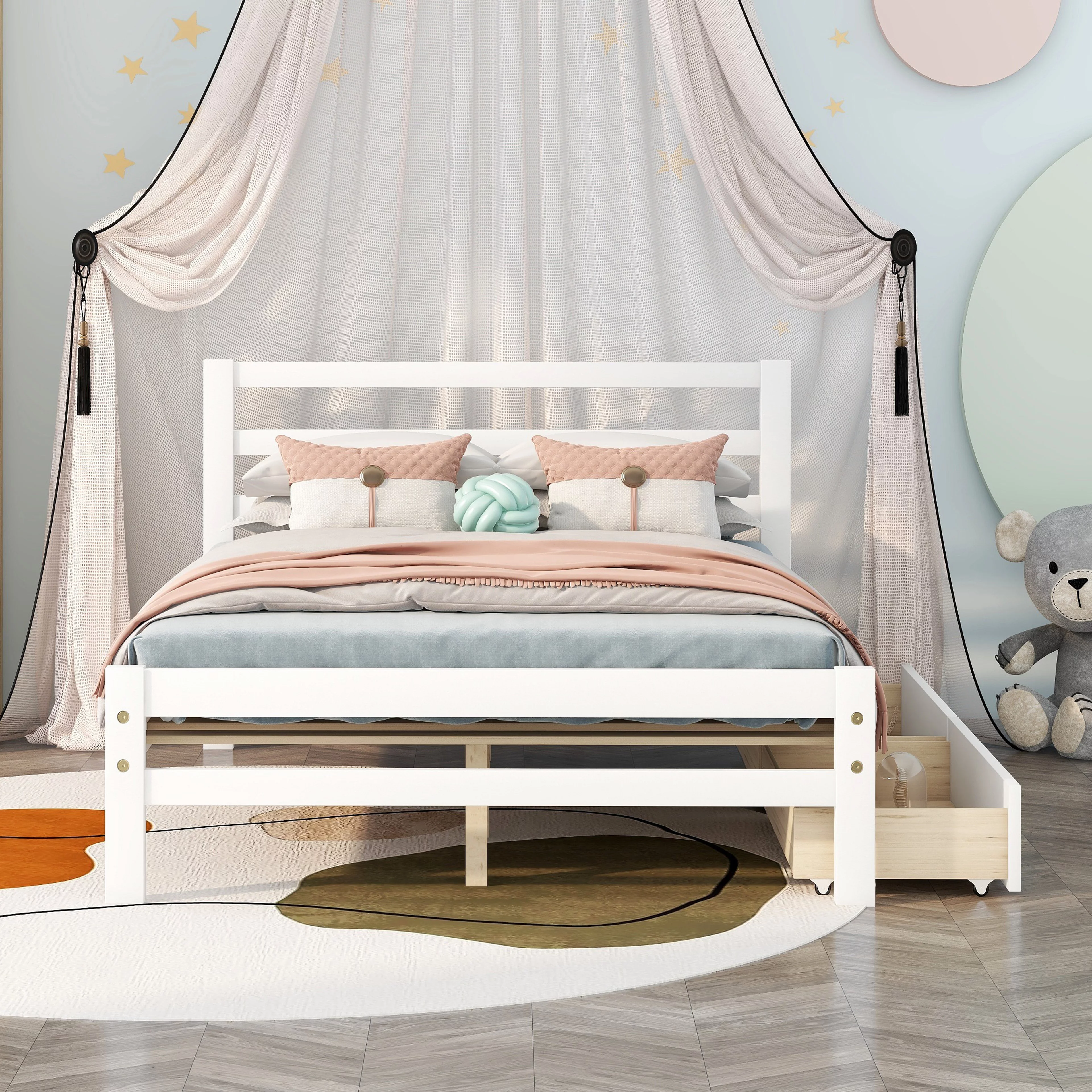 Full Bed Frame with Storage Drawers, Wood Platform Bed Frames with Headboard for Kids, Full Size Storage Bed No Box Spring Needed (White)