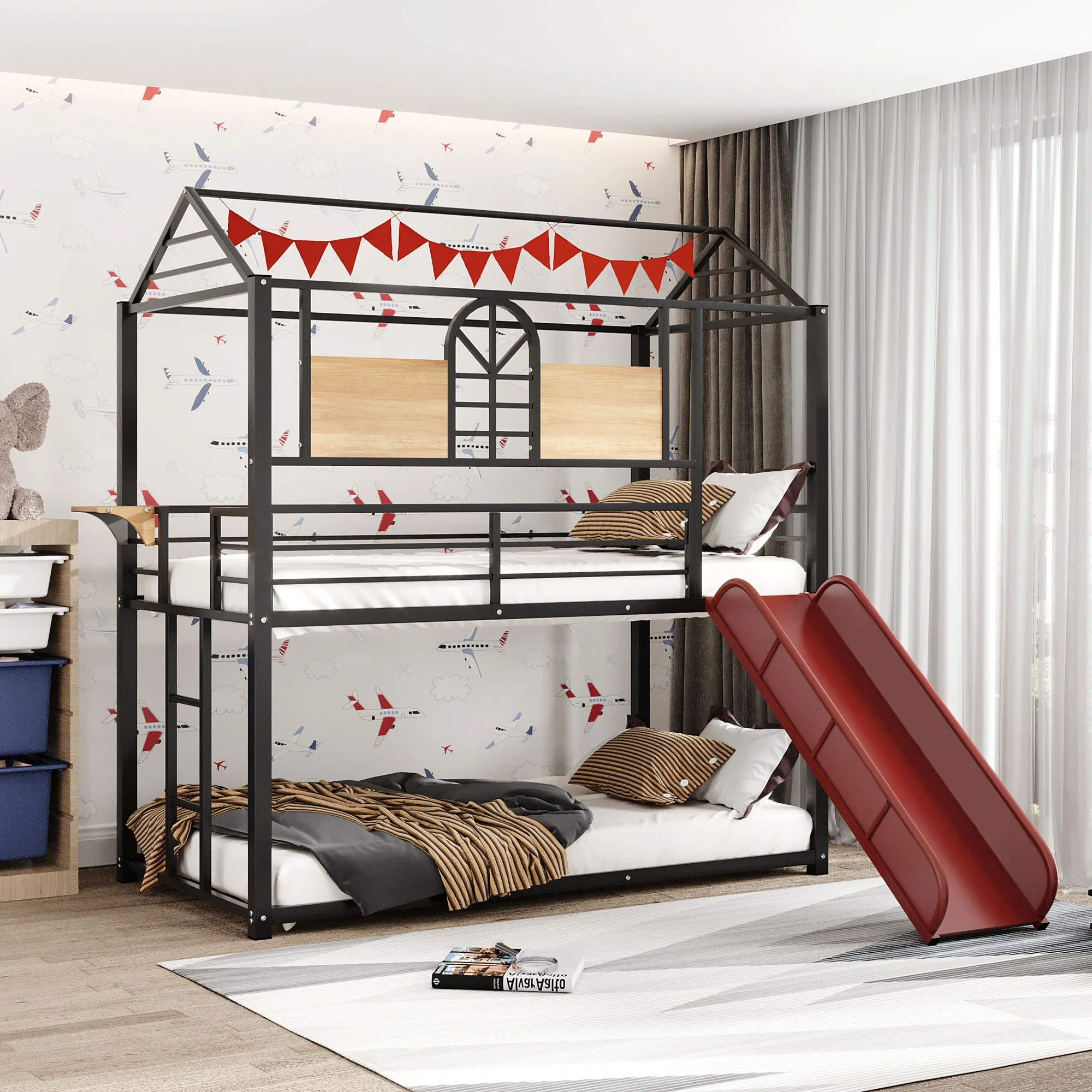Twin Over Twin Metal Loft Bunk Bed, Metal House Bed with Slide and Ladder, Multifunctional Design, with Safety Guard Rails for Kids Teens Adults/No Box Spring Required