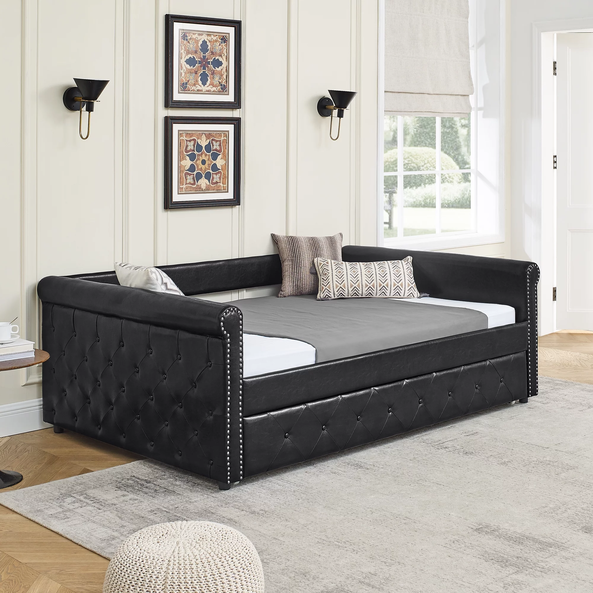 Trundle Upholstered Tufted Sofa Bed Daybed with Button and Copper Nail on Arms