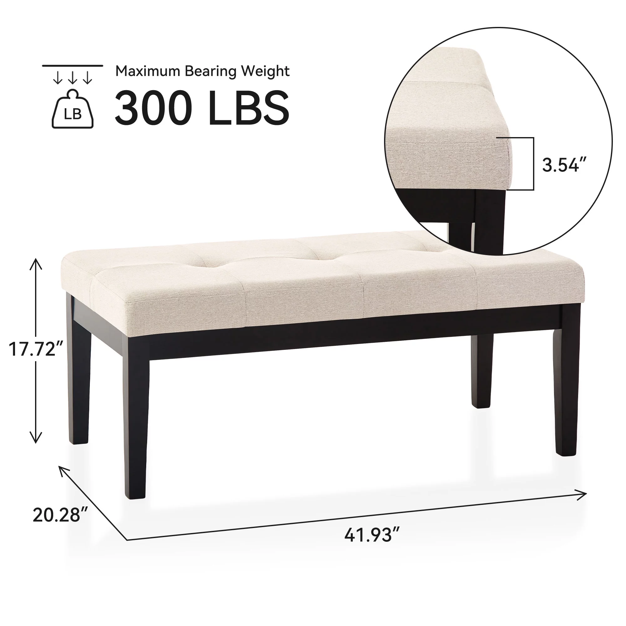Gericco Upholstered Tufted Entryway Bench, Bedroom Bench for End of Bed, Dining Bench for Kitchen, Living Room, Fabric Solid Wood Indoor Bench (Beige)