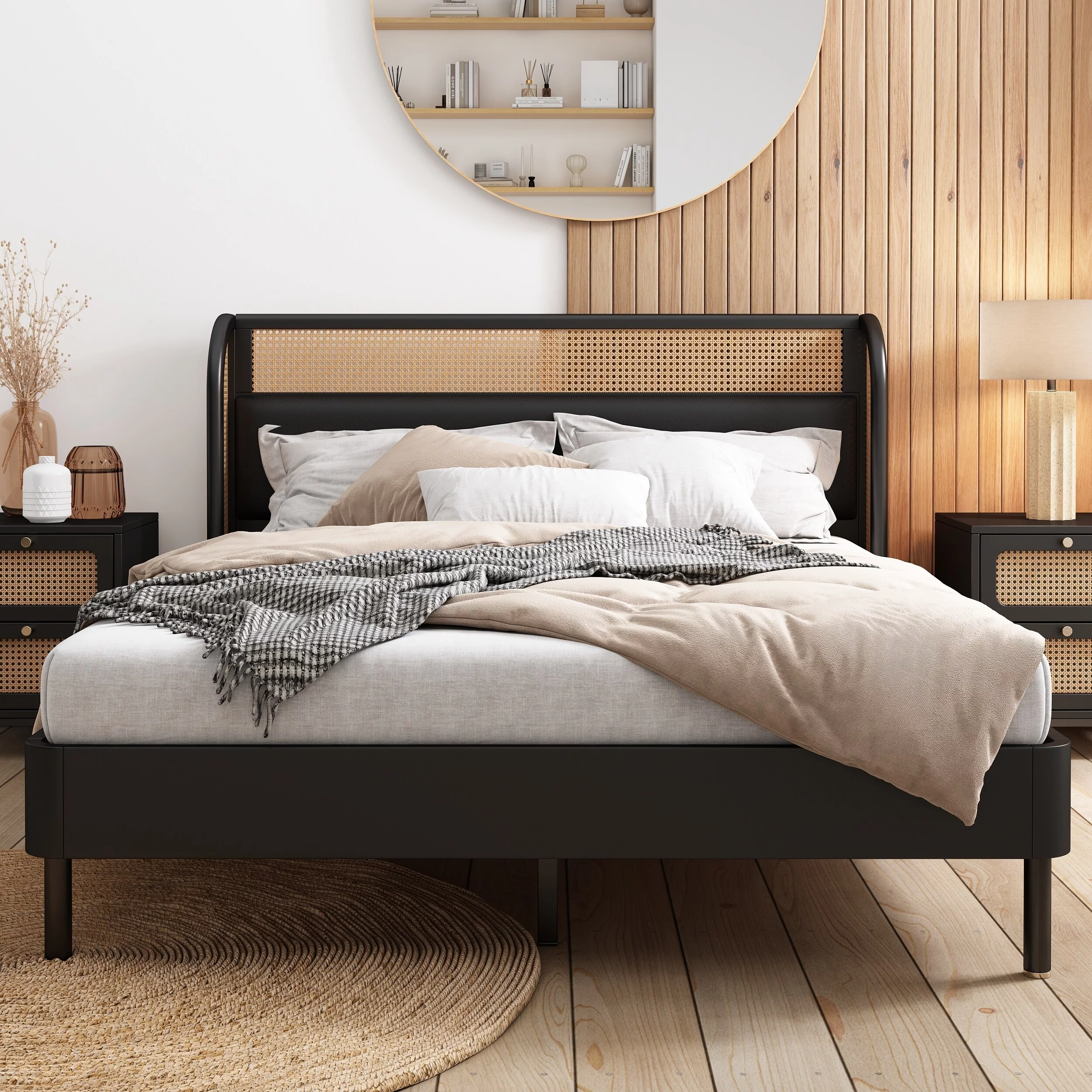 Queen Size Modern Cannage Rattan Wood Platform Bed with PU Leather Headboard Black - Queen