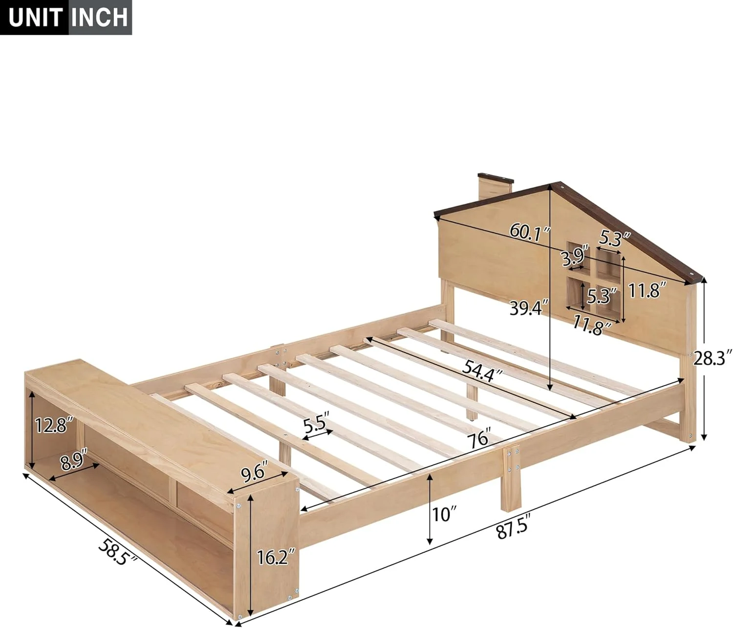 Full Size Platform Bed With Storage And Headboard Footboard LED Lights, Solid Wood House Bed Frame, No Box Spring Needed, Easy Assembly (Wood Color)