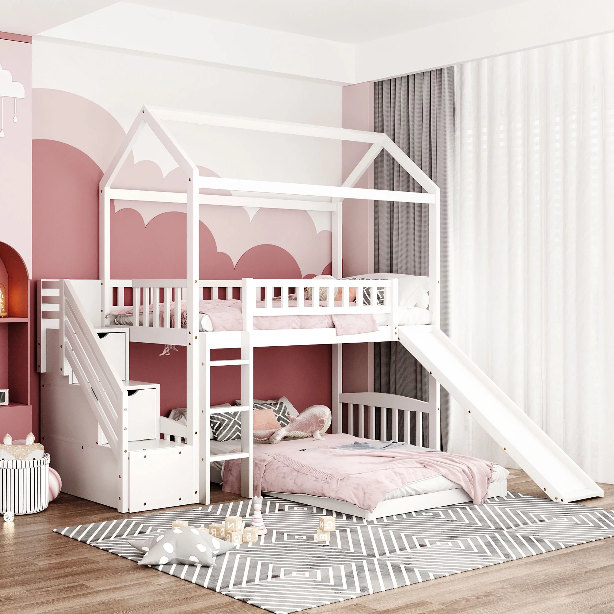 White Twin Over Twin Bunk Bed with Two Drawers and Slide, House Bed with Slide