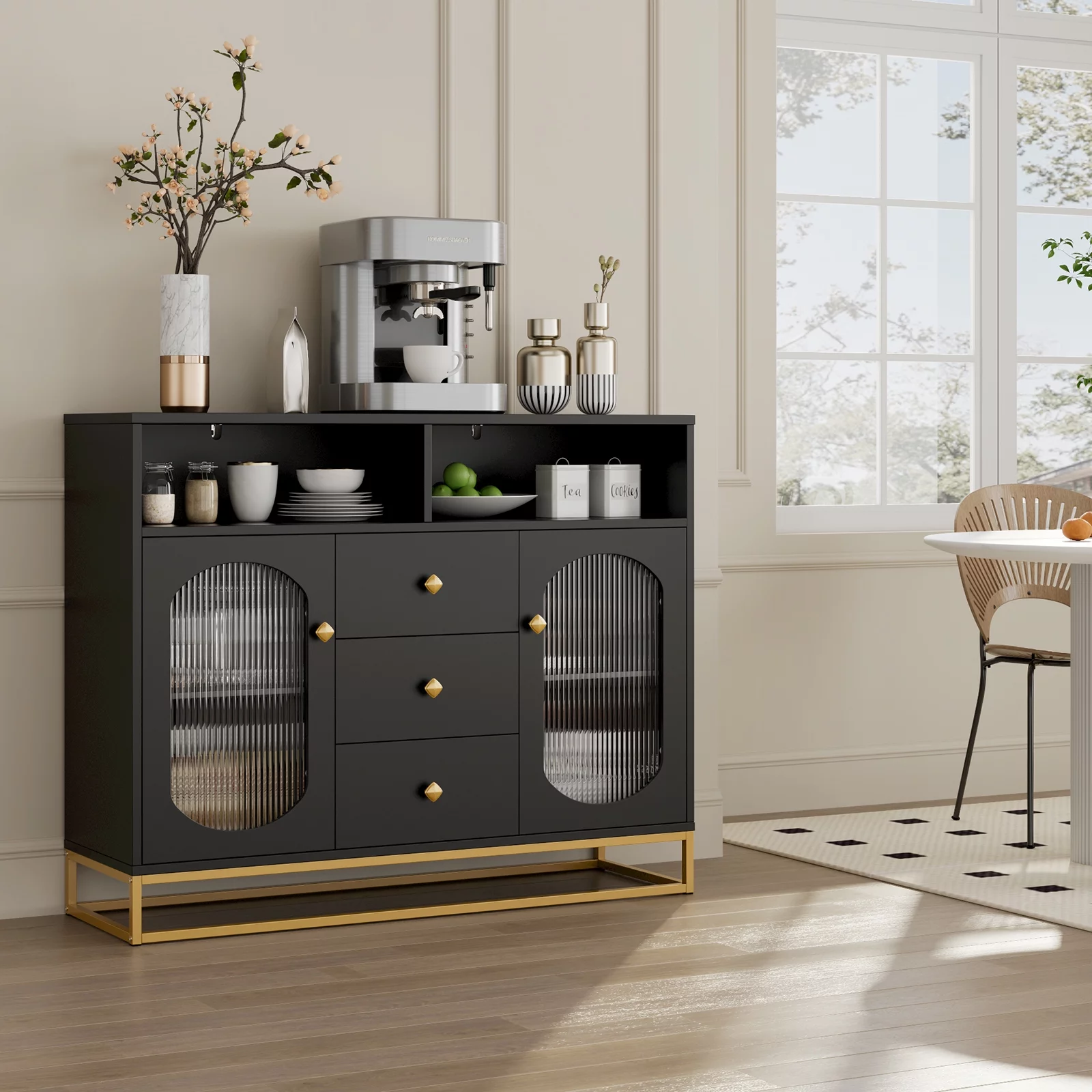 Homfa Sideboard Storage Cabinet with 3 Drawers & 2 Glass Doors, 47.2'' Wide Buffet Cabinet for Kitchen Dining Room, Black