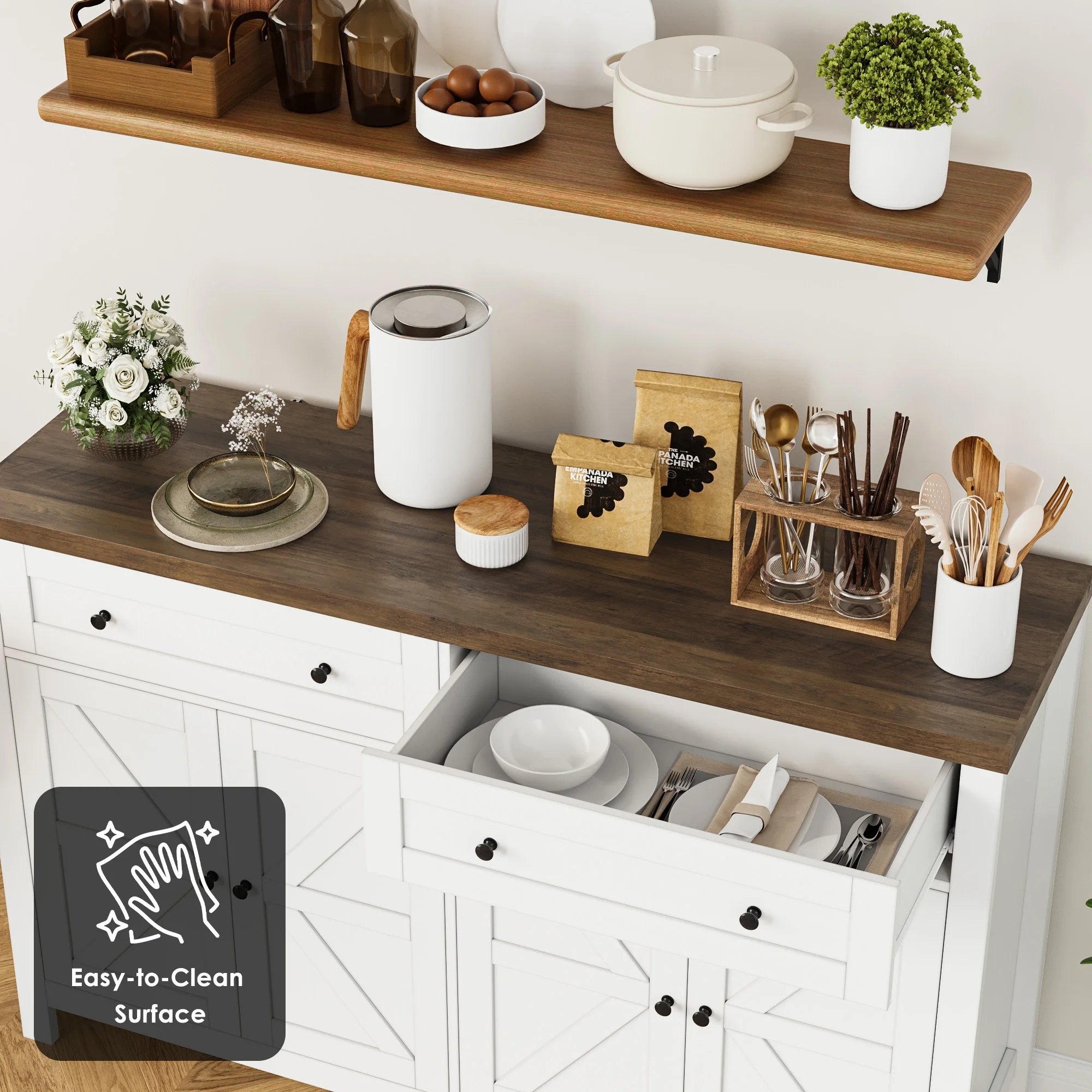 Homfa Farmhouse Kitchen Buffet Storage Cabinet, 4-Doors 2 Large Drawer Wood Sideboard Credenza with Adjustable Shelves, White-Brown