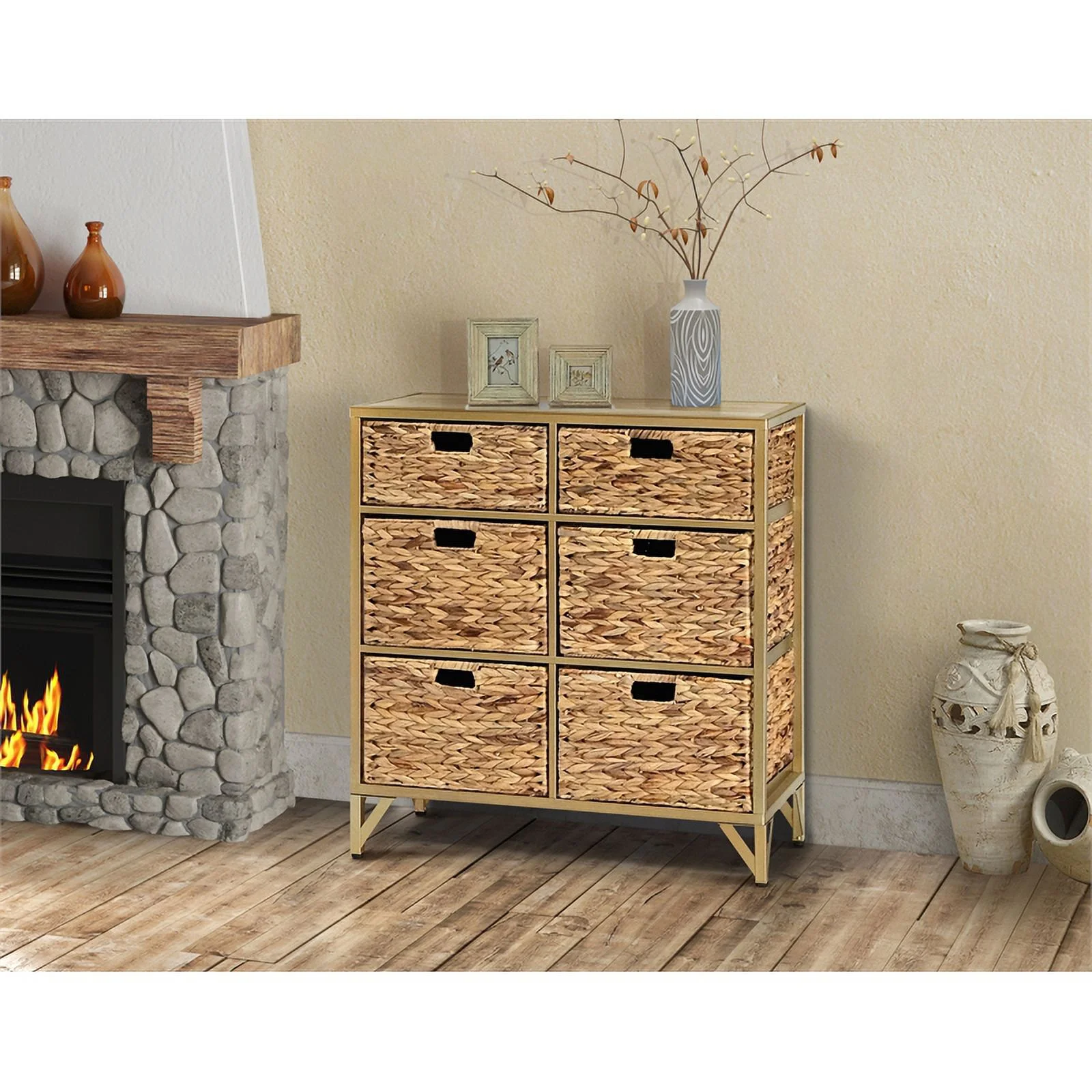 Gallerie Decor Rio 6-Drawer Transitional Metal Cabinet in Natural