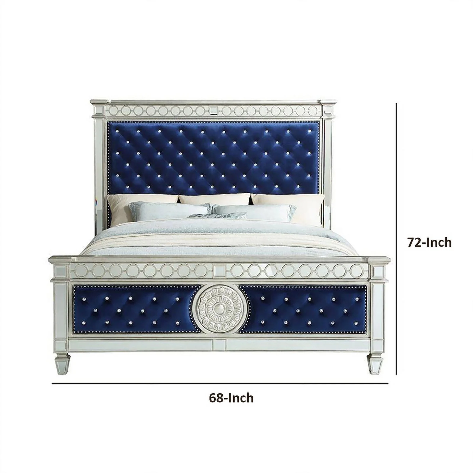 Benjara Queen Bed with Button Tufting and Mirror Trim, Black