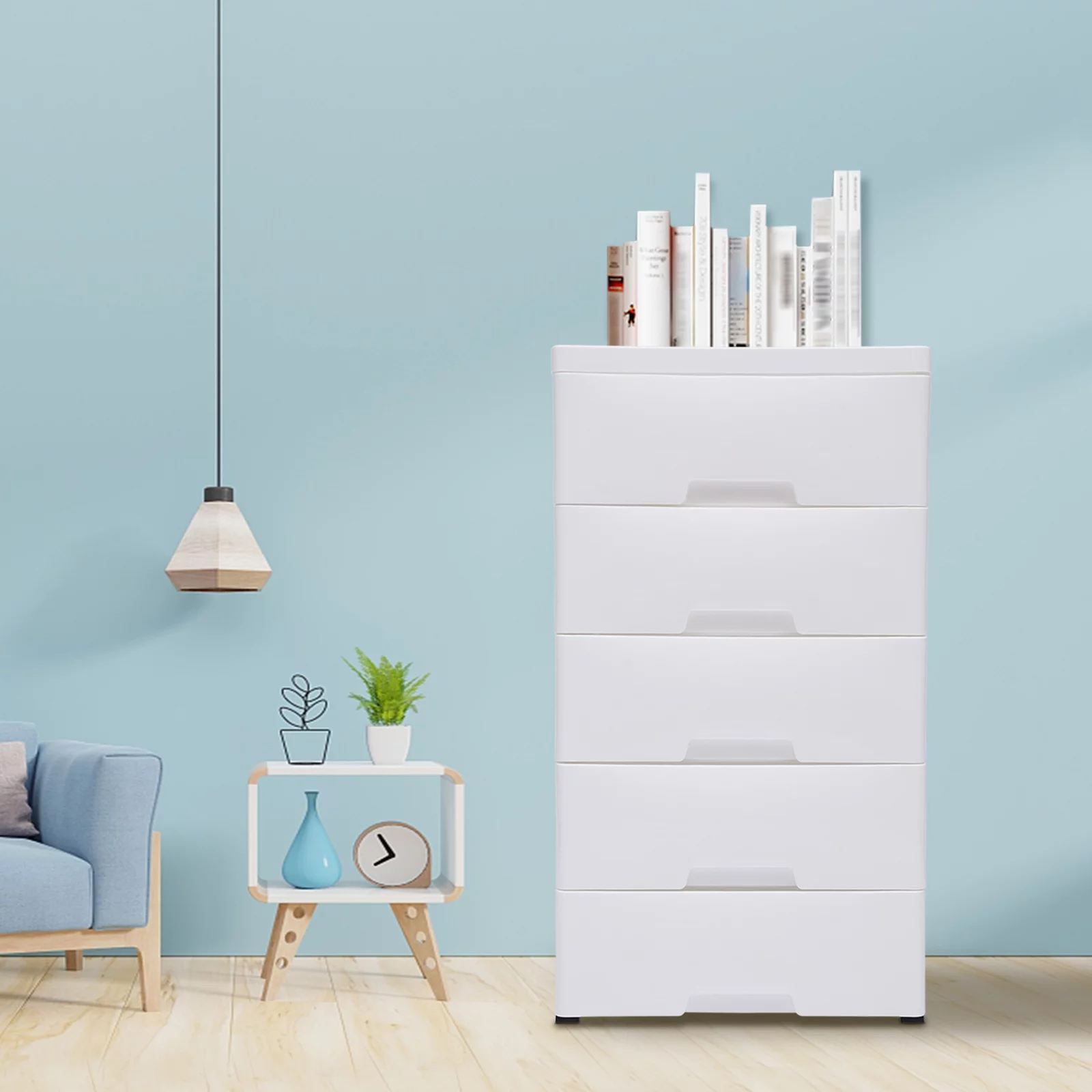Loyalheartdy 5 Plastic Drawers Dresser Vertical Clothes Storage Chest Bedroom Tower Closet Organizer Cabinet w/Wheels White