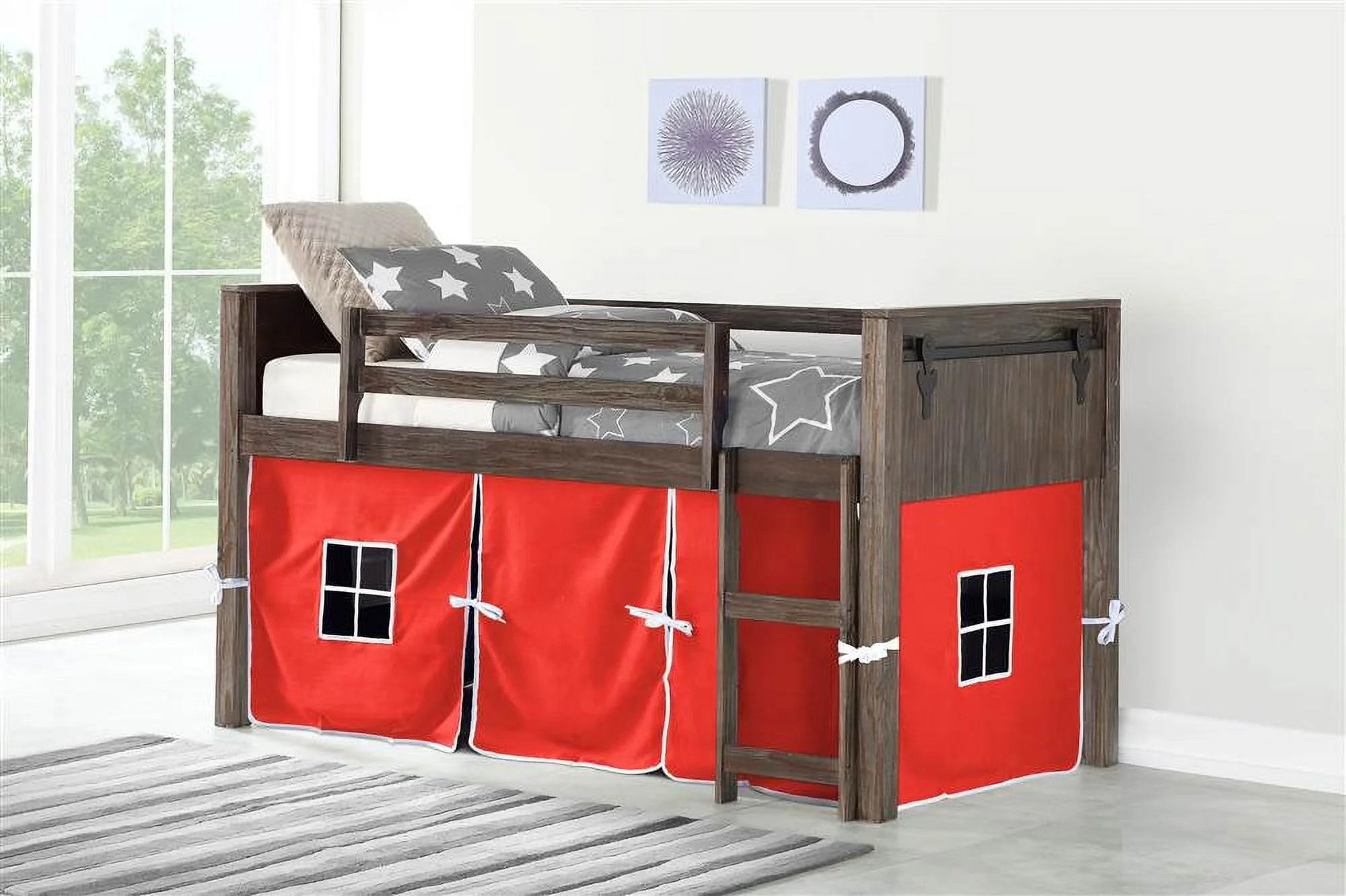 Donco Kids PD-0318TBS-R Twin Barn Door Low Loft, Brushed Shadow with Red Tent