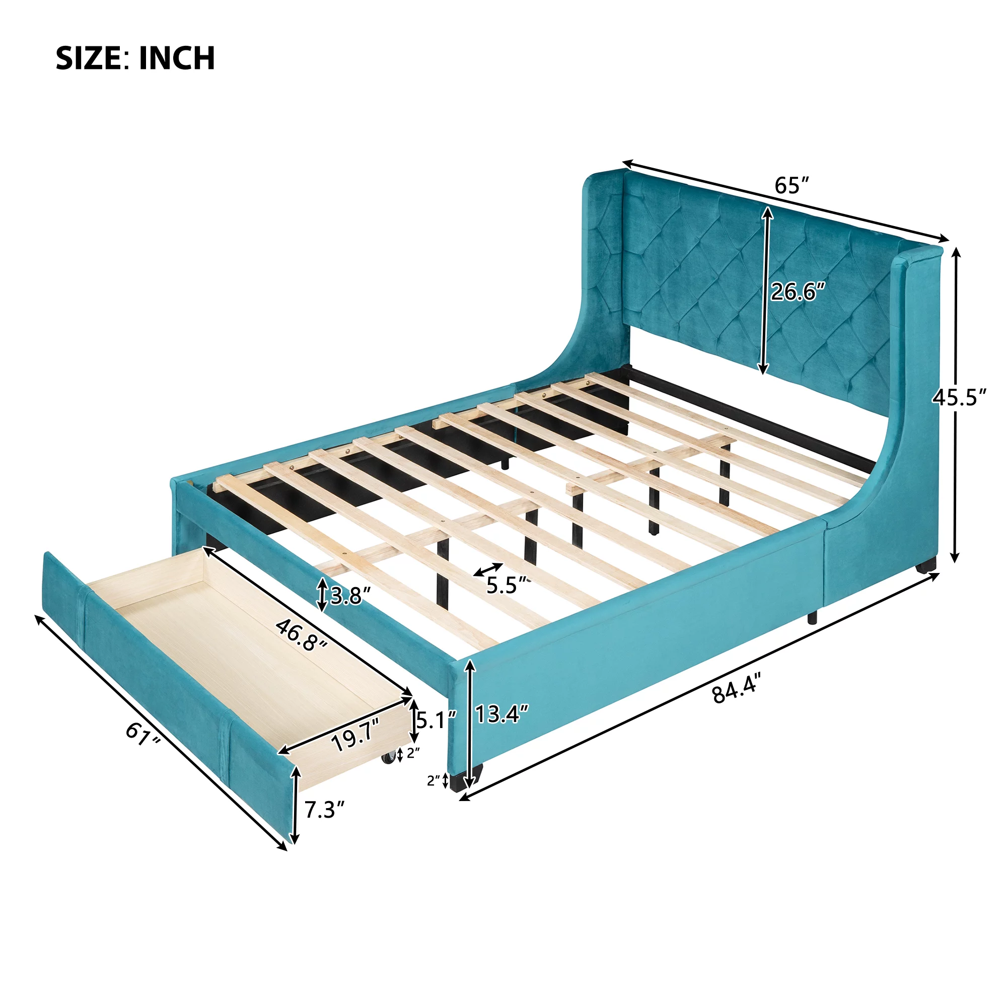uhomepro Upholstered Platform Storage Bed Frame for Adults Kids, Queen Size Bed Frame with Velvet Upholstered Headboard, Big Drawer, Wood Slat Support, No Box Spring Needed, Blue