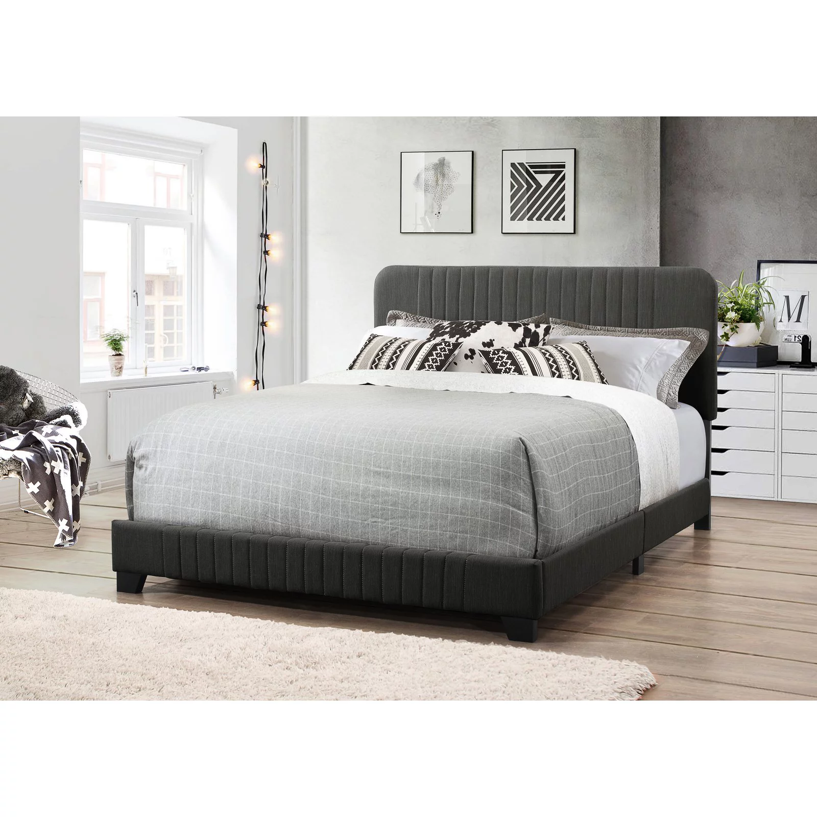 Right2Home Mid-Century All-in-One Platform Bed with Channeled Headboard and Footboard