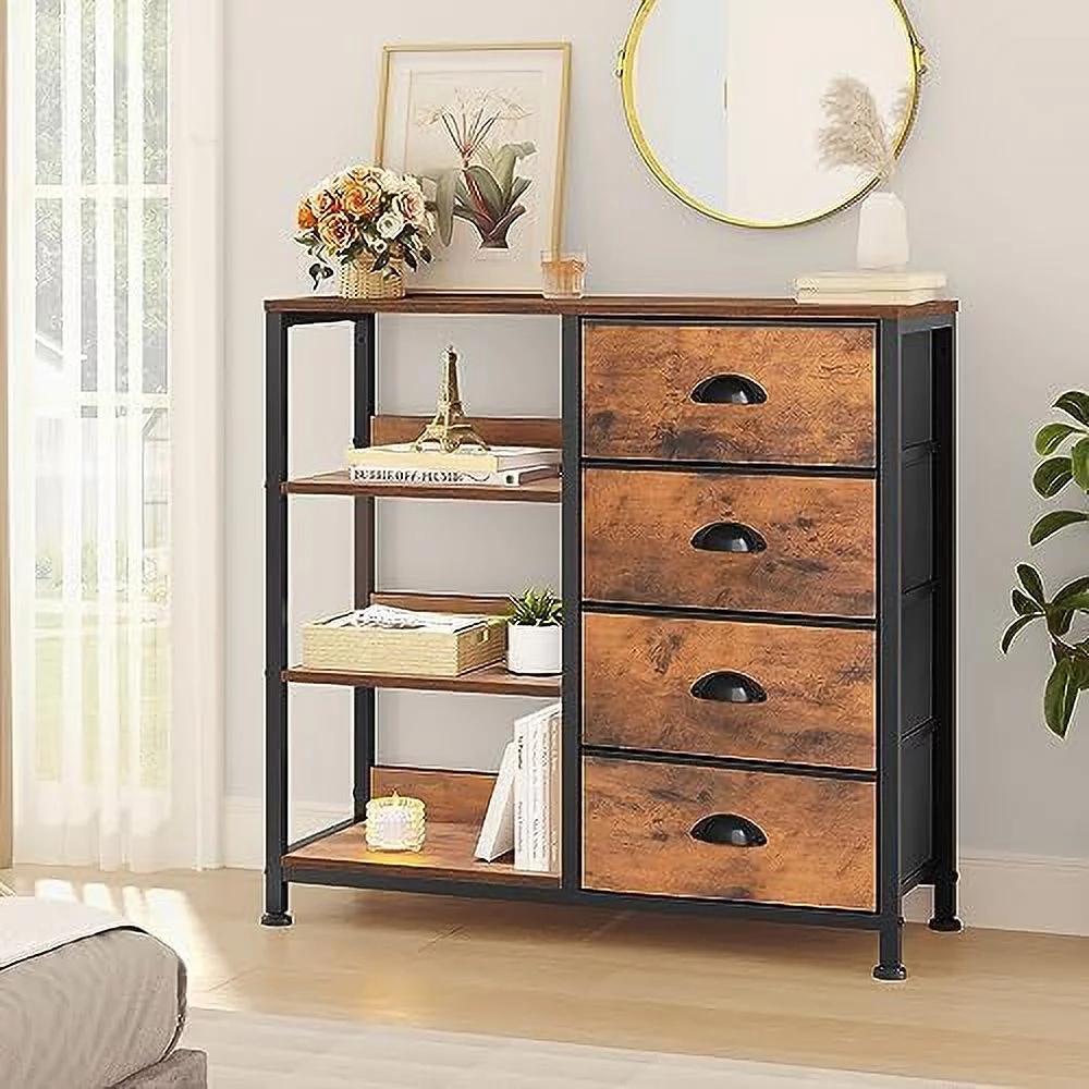 Fabric Dresser With 4 Drawers And Side Shelf, Storage Tower, Organizer Unit For Bedroom, Living Room, Hallway, Closets - Sturdy Steel Frame, Easy Pull Fabric Bins & Wooden Top (Rustic Brown)