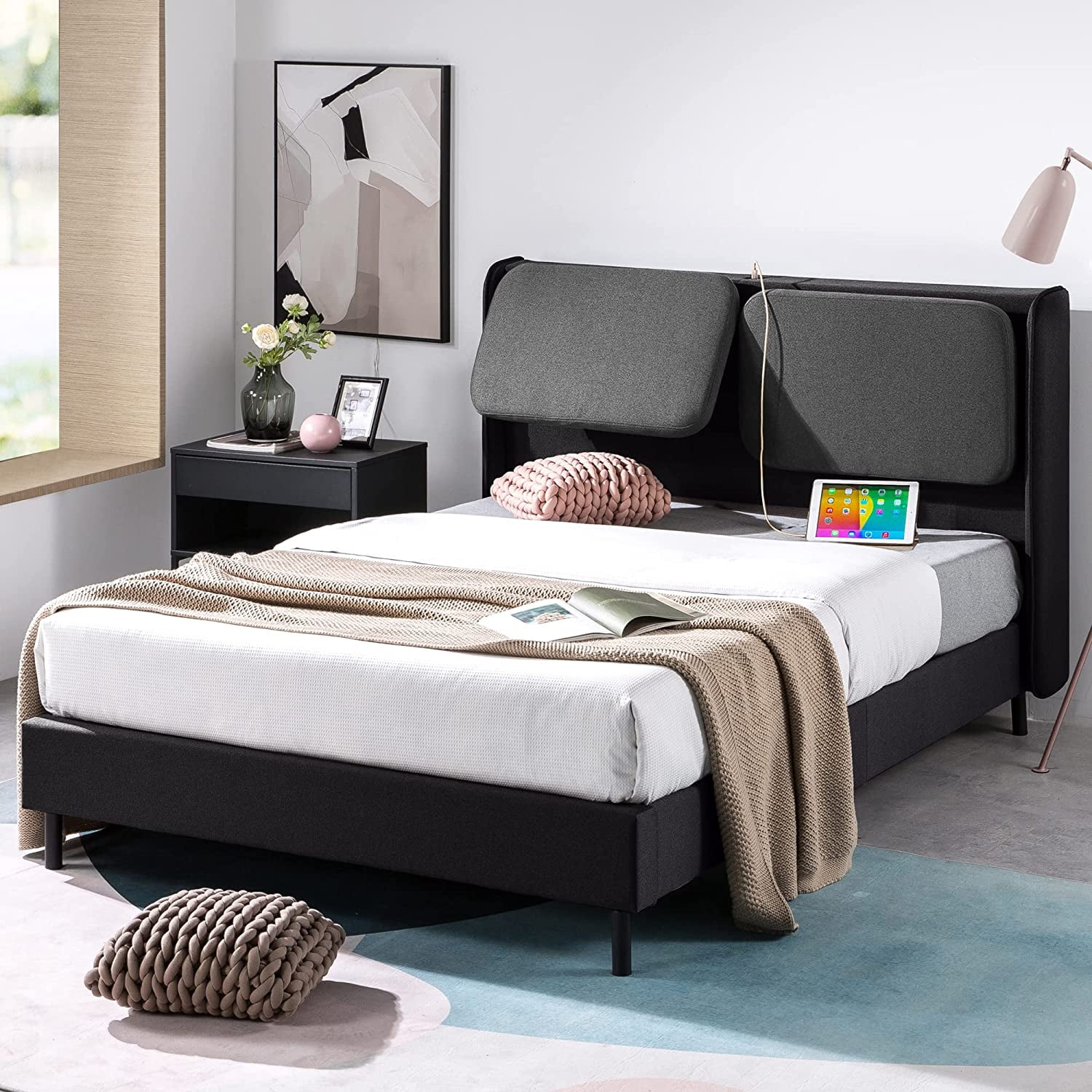 JIAH Avery Platform Bed with Reclining Headboard and USB Ports / No Box Spring Needed / Cushioned Adjustable Headboard with Customizable Height / Easy Assembly, Black, Queen