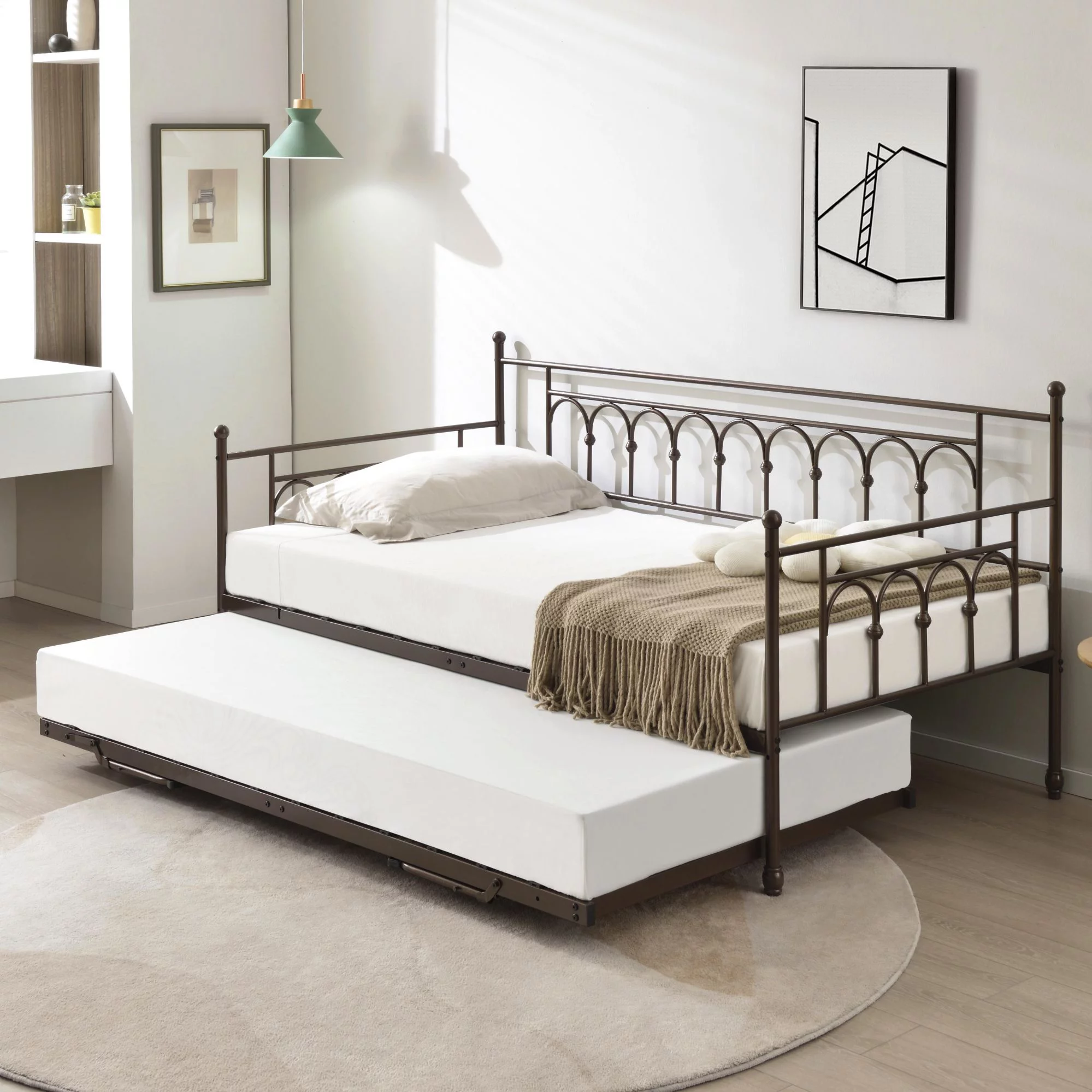 Fulljojor Twin Steel Metal Daybed With Pop-Up Trundle