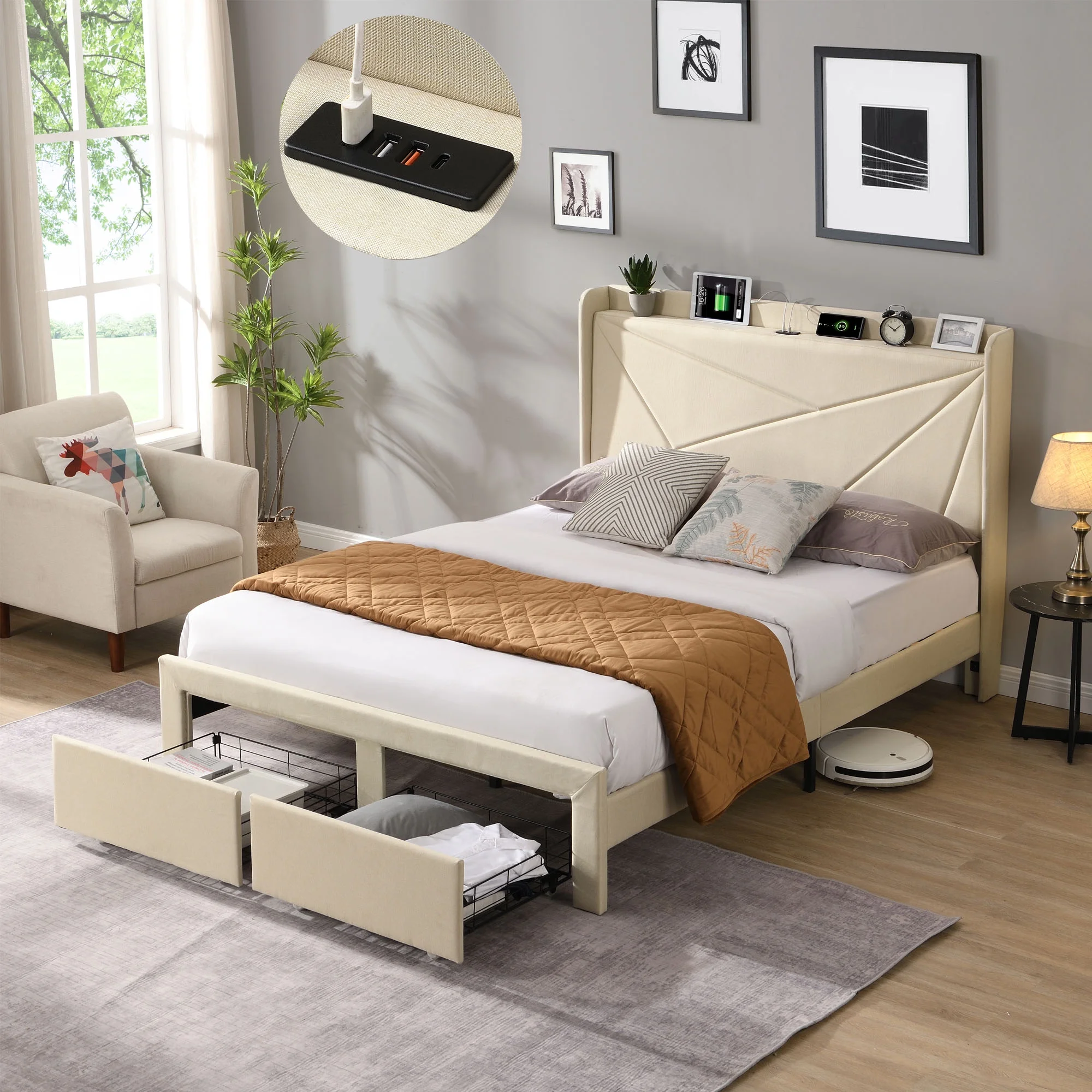 CASEMIOL Platform Bed Frame, Full-Size Bed Frame with Headboard, Storage and Charging Station, Noise-Free, No Box Spring Needed, 55.9