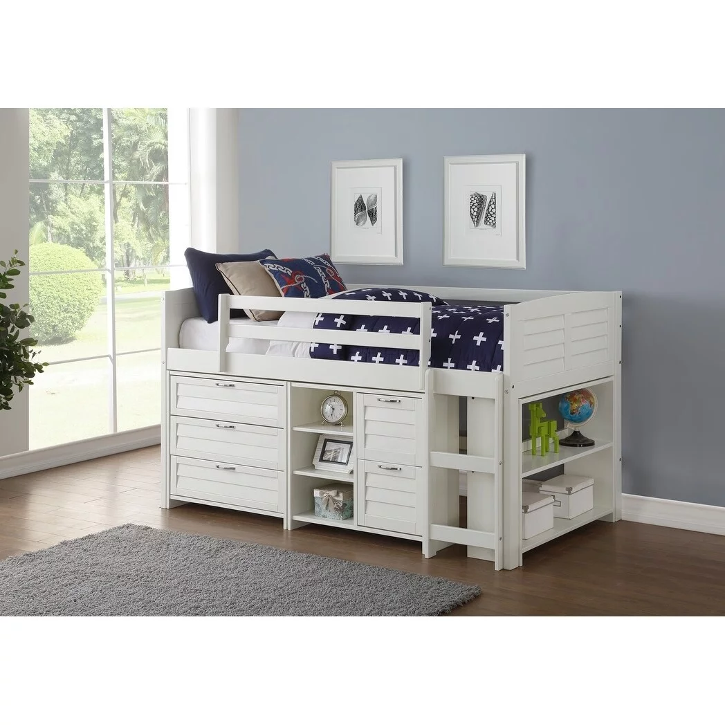 Donco Kids PD-795AW-Modular-C1 Twin Louver Low Loft in White with 3 Drawer Chest, 2 Drawer Chest with Shelves & Bookcase