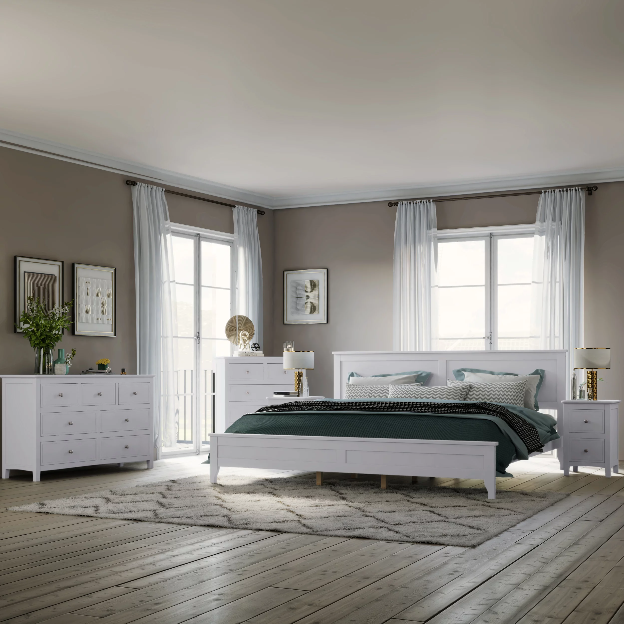 CoSoTower White Solid Wood 5 Pieces King Bedroom Sets(Bed+Nightstand*2+Chest+Dresser)