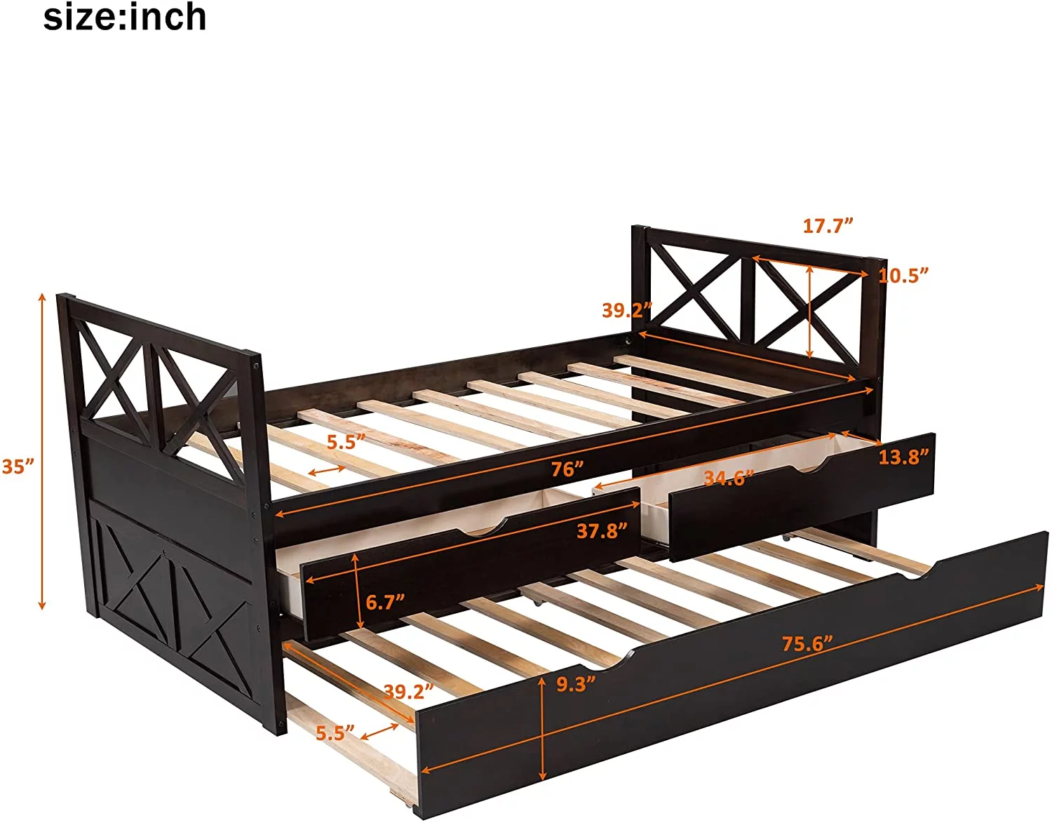 Twin Platform Bed with Trundle and Storage Drawers - Multifunctional Wood Daybed Sofa Frame for Bedroom and Living Room