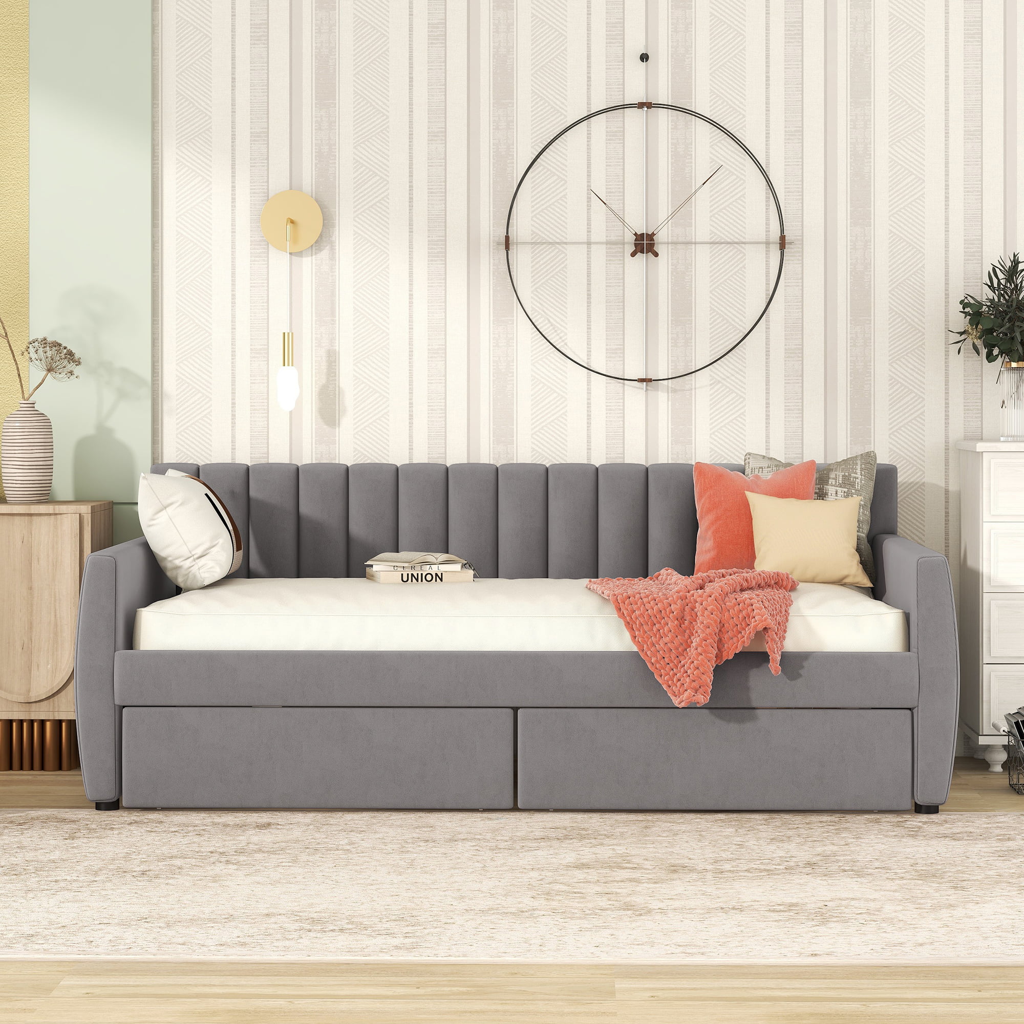 Momspeace Twin Size Upholstered Daybed with 2 Drawers for Bedroom Living Room Daybed Frame No Box Springs Need - Gray