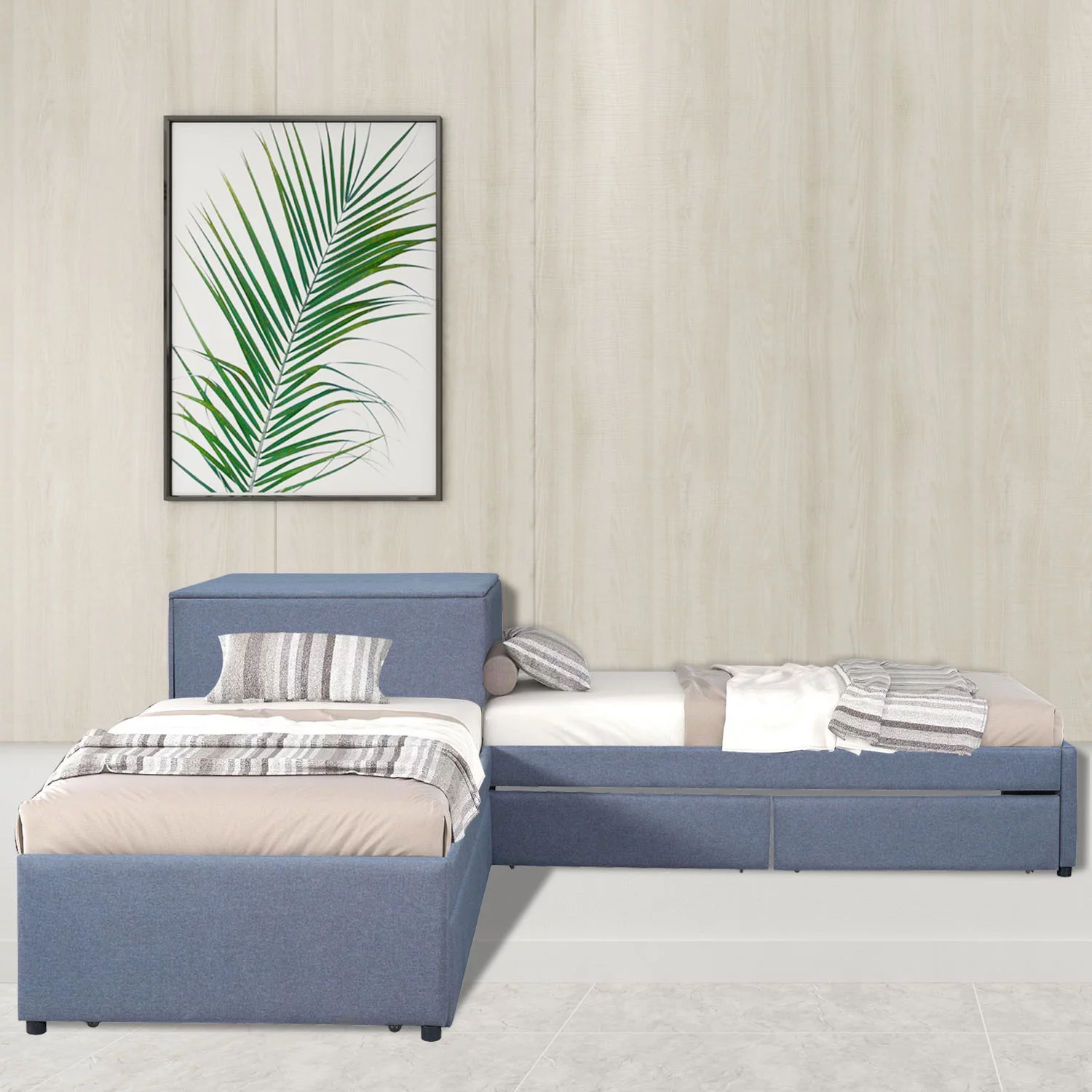 L Shaped Platform Bed with Rollers and Two Drawers Attached Built-in Desk, Double, Grey. Size, 119''L*119''W*37.2''H, suitable for various households