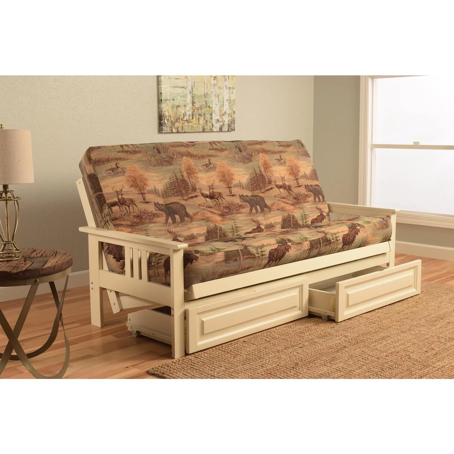 Maykoosh Old World Charm Full Futon Frame with Storage Drawers, Color:Antique White/Light Brown